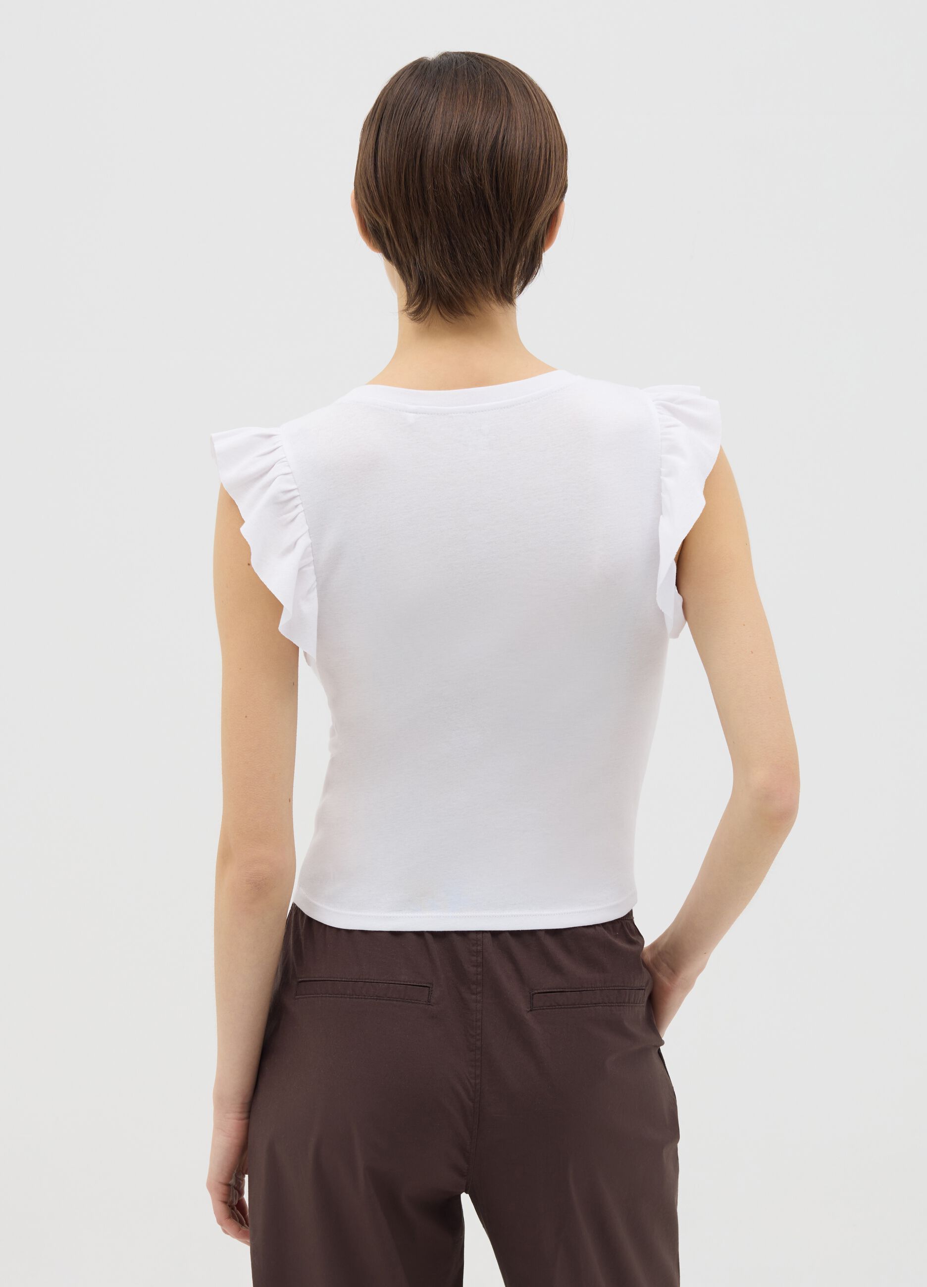 White cotton T-shirt with ruffles
