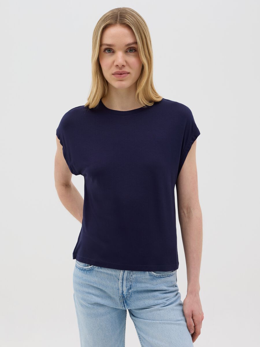 Short-sleeve blue T-shirt in stretchy viscose_0
