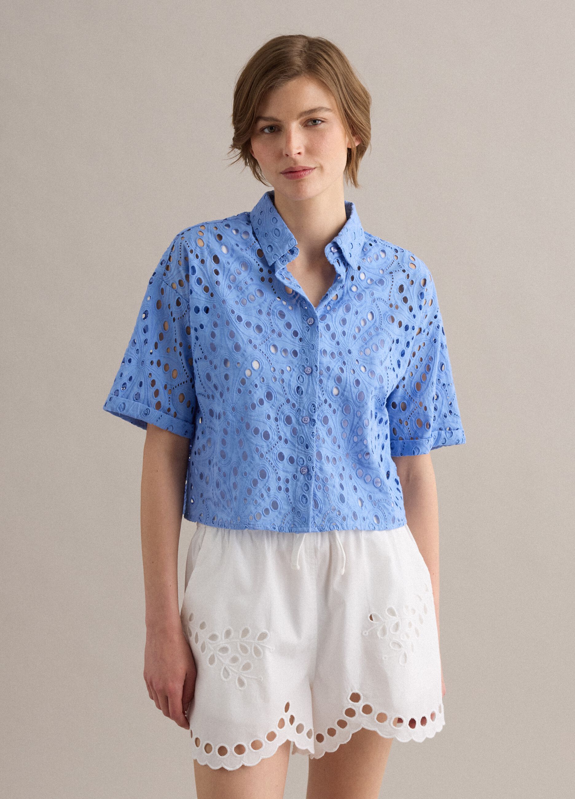 Light blue pure cotton broderie anglaise shirt