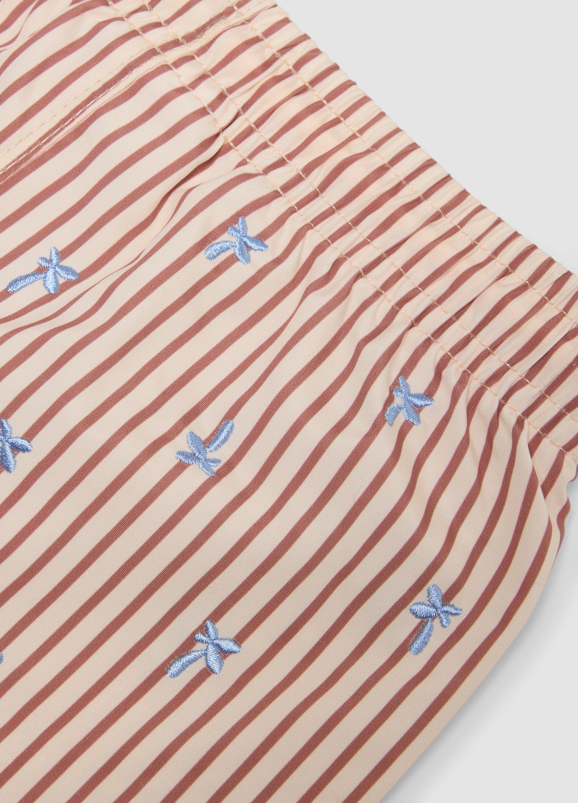 Baby Pink Striped Boxer Swim Shorts with Embroidery