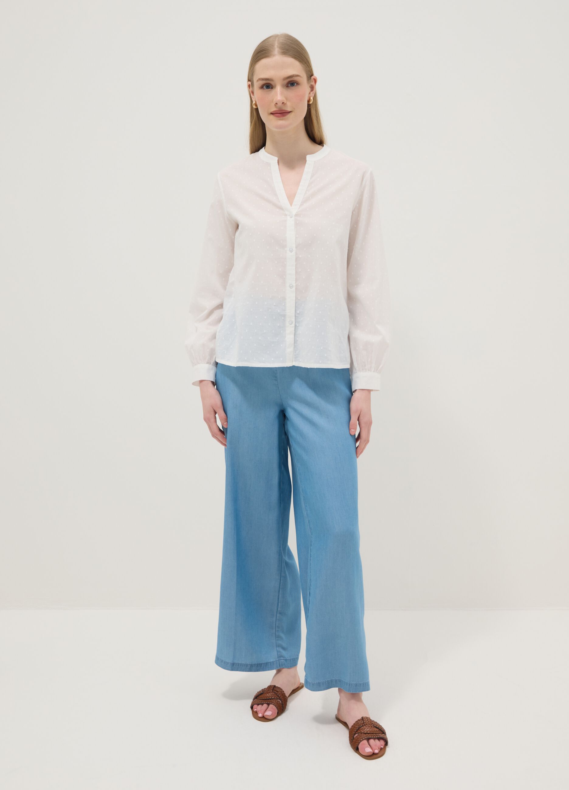 Light blue pure lyocell palazzo trousers with elasticated waist, wide-leg
