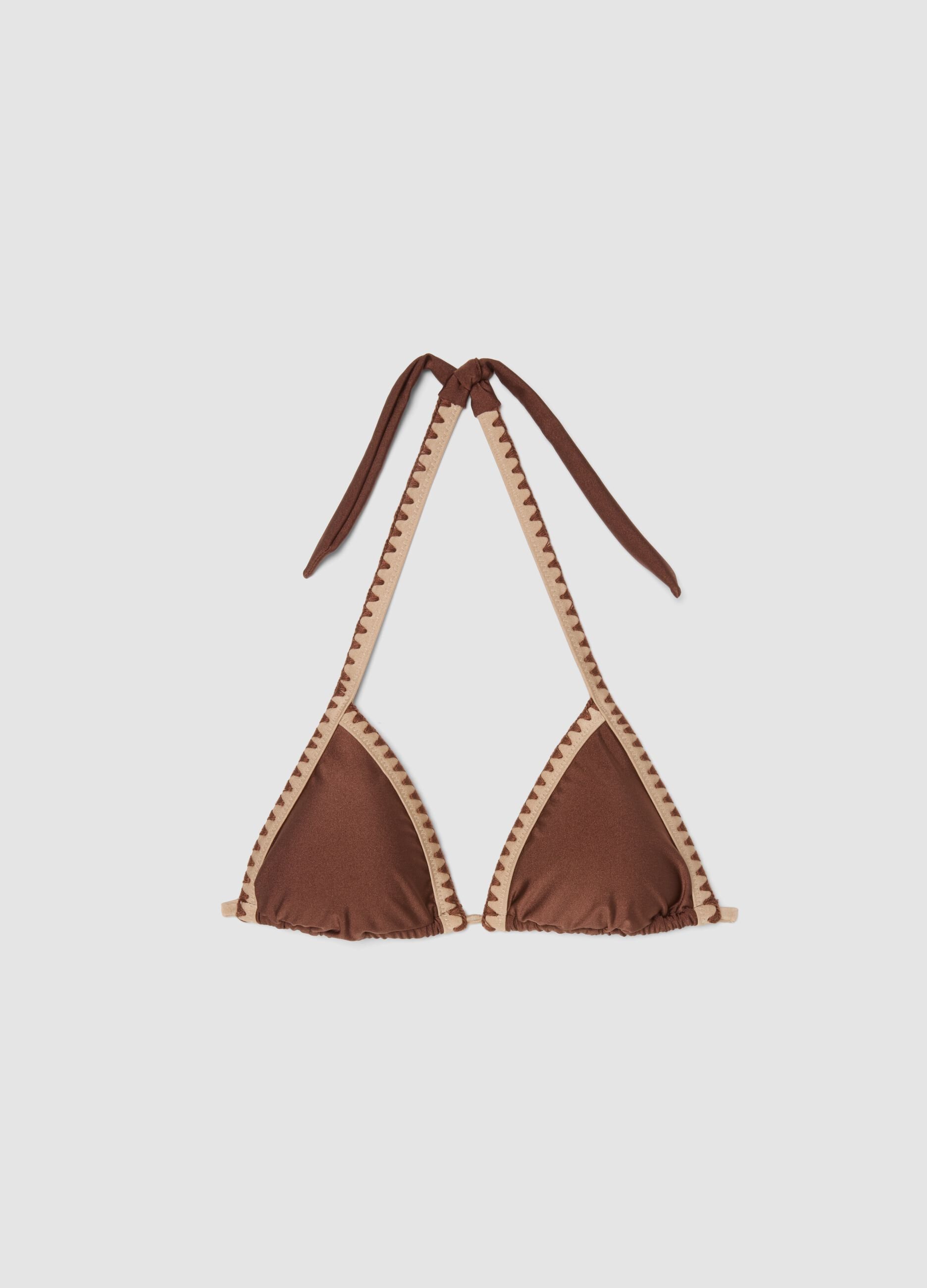 Brown triangle bikini top in stretch fabric with contrast trim