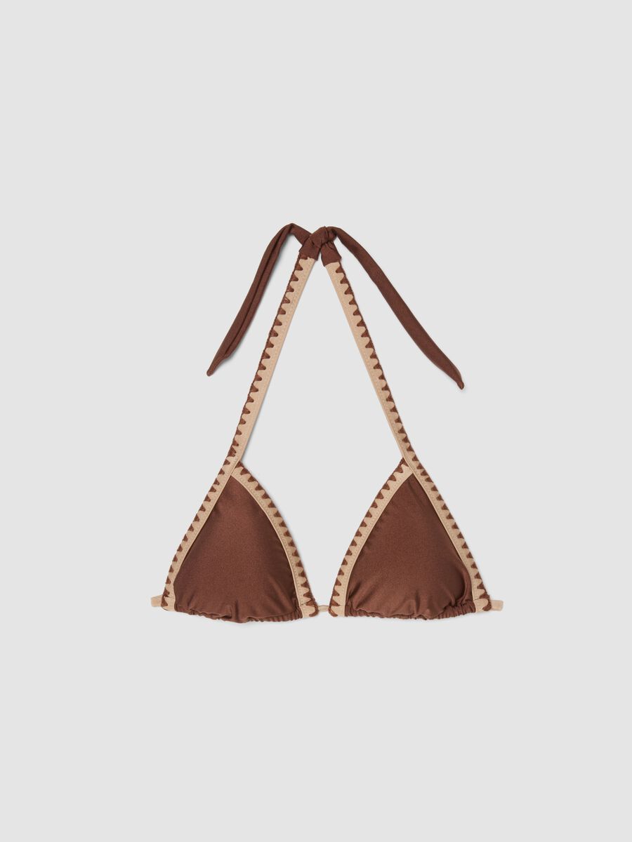 Brown triangle bikini top in stretch fabric with contrast trim_4