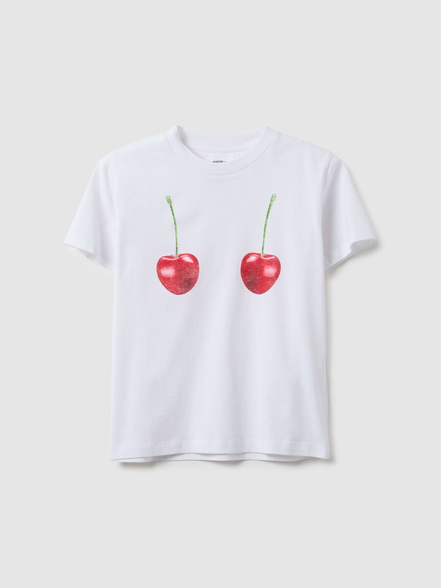 White pure cotton regular fit T-shirt with cherry print_4