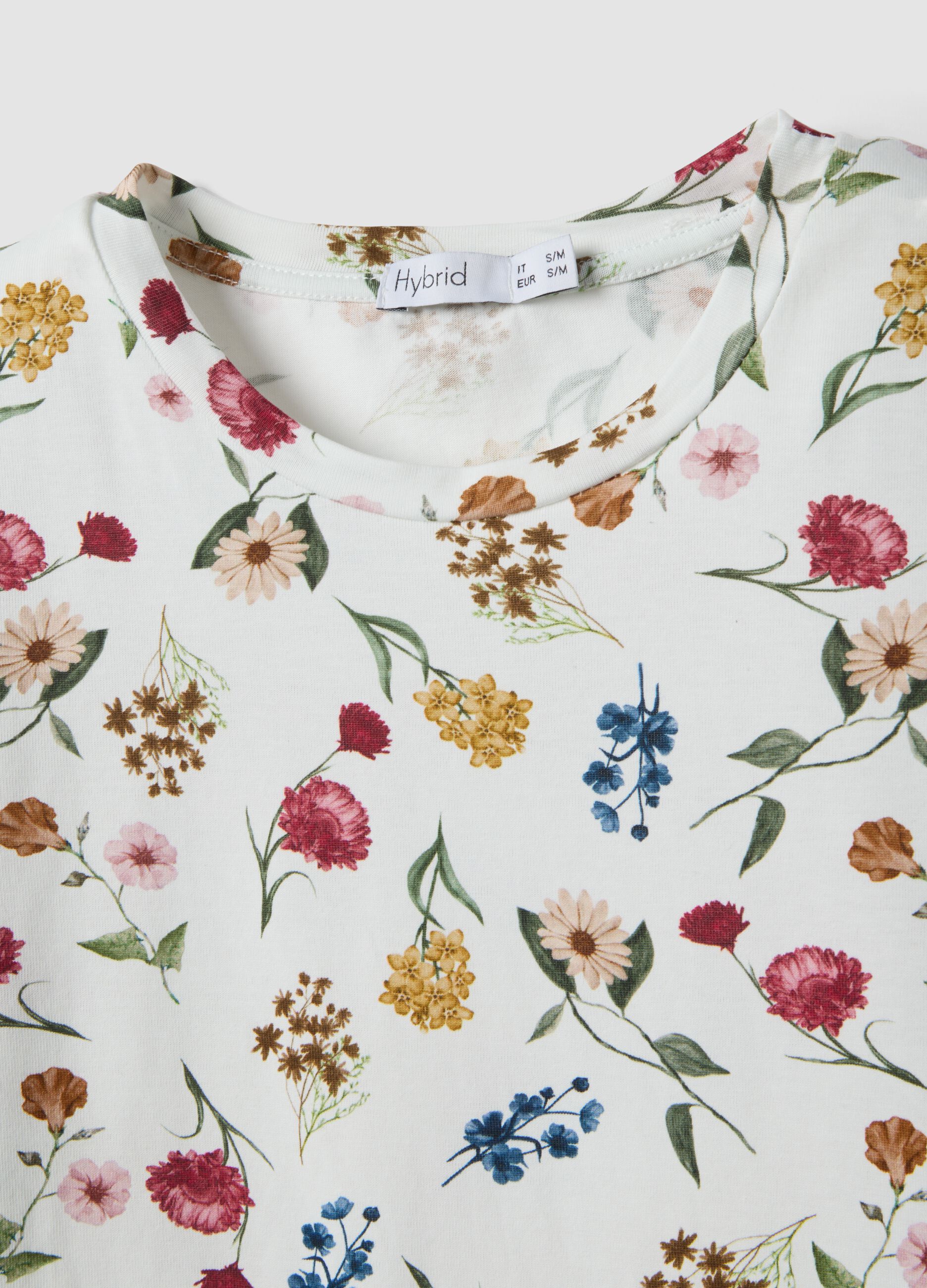 White stretch cotton T-shirt with floral print, regular fit