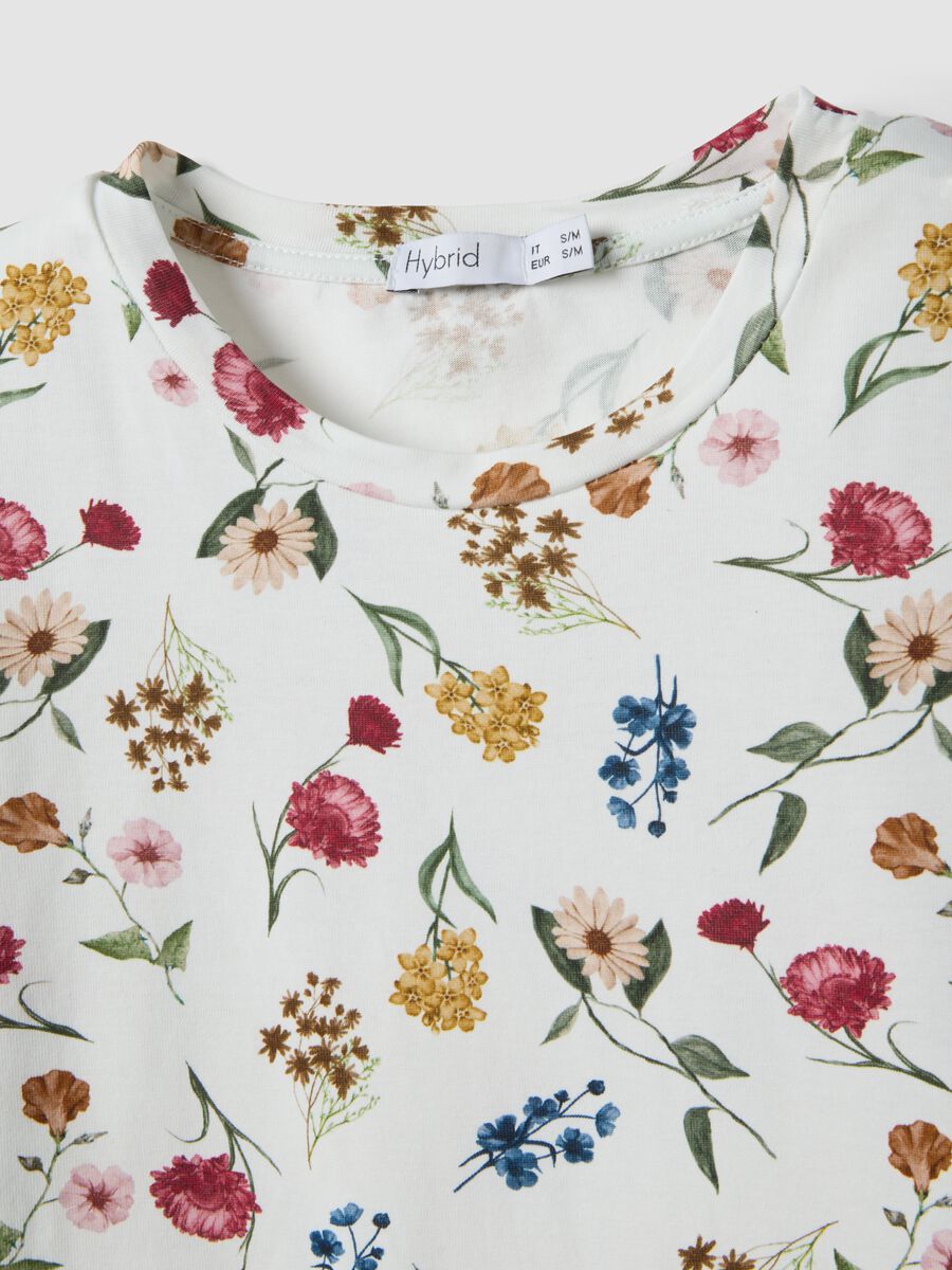 T-shirt bianca in cotone elasticizzato con stampa floreale regular fit_5