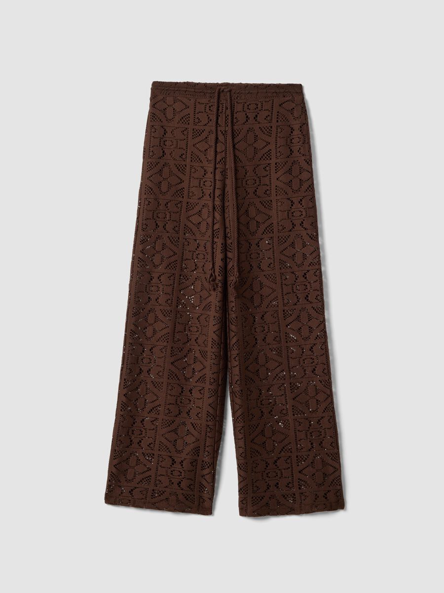 Brown openwork wide-leg trousers with elasticated waistband_4
