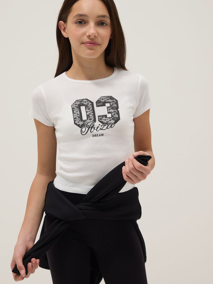 T-shirt in puro cotone bianca da ragazza slim fit con stampa_0