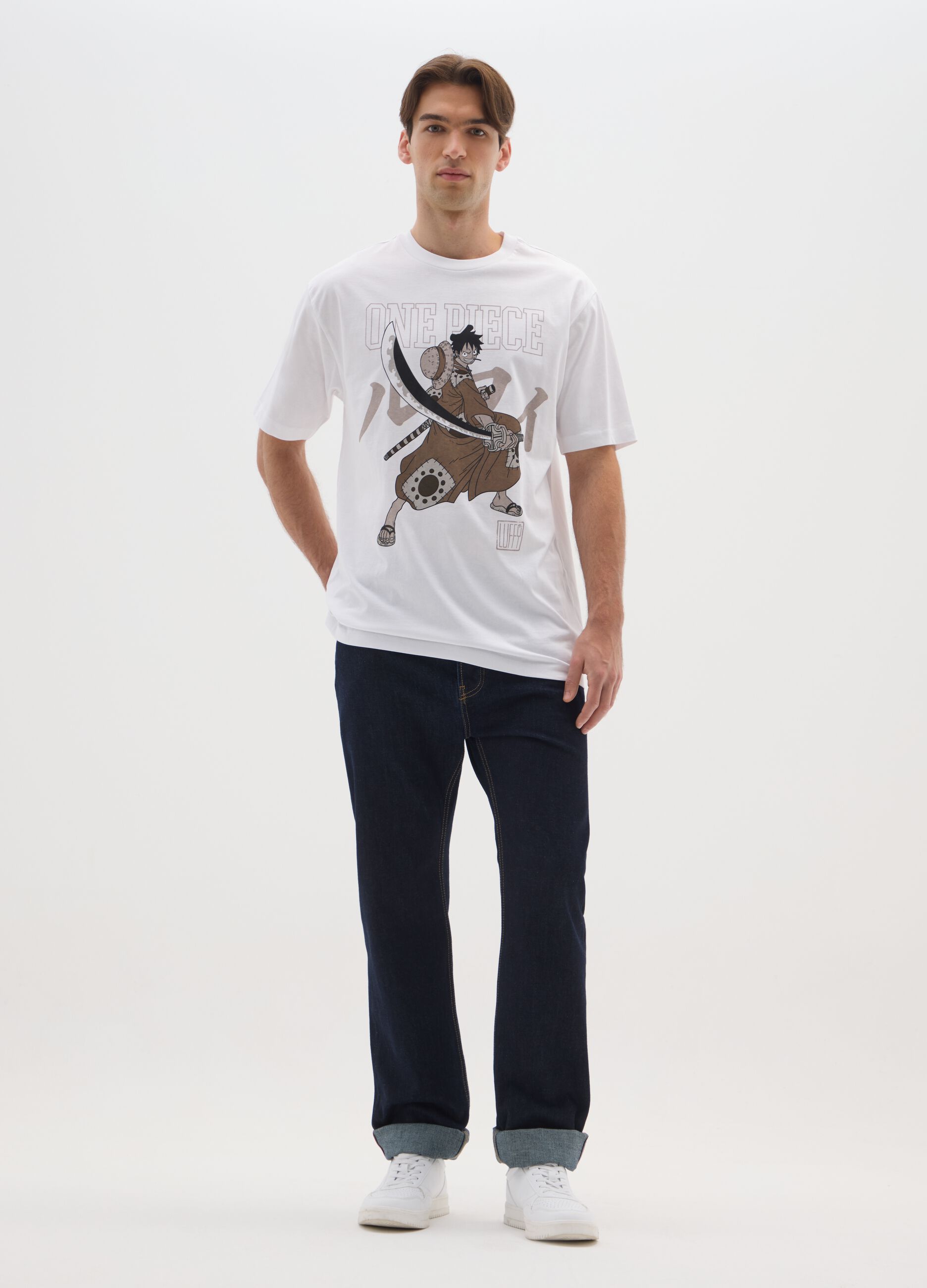 White pure cotton regular fit t-shirt with One Piece print