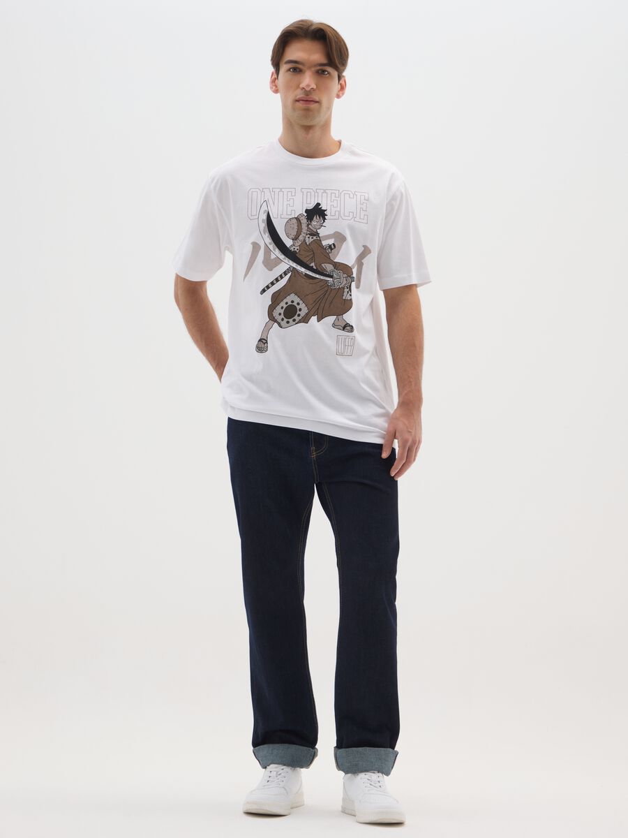 T-shirt bianca in puro cotone regular fit con stampa One Piece_1