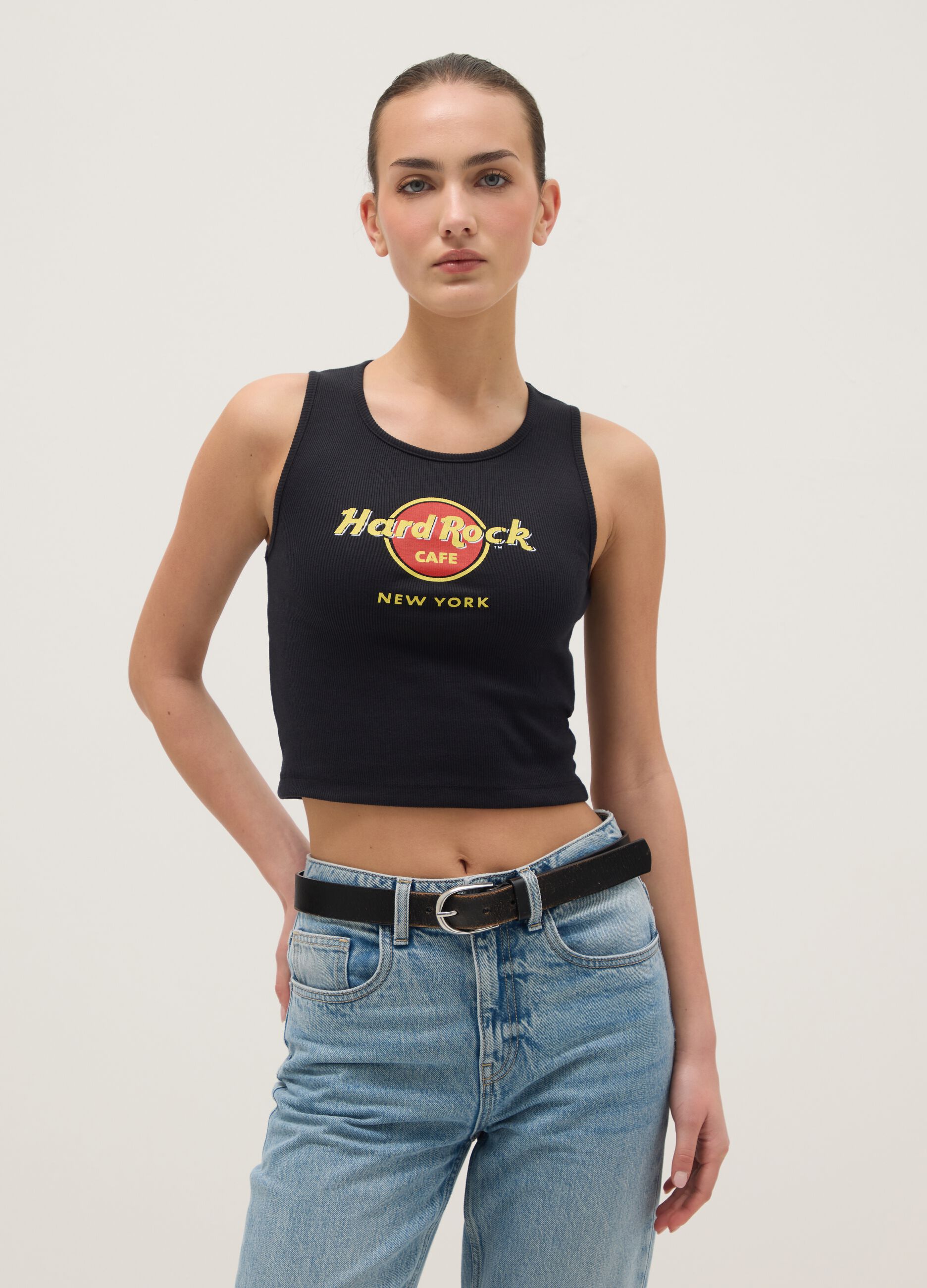 Black cotton blend regular fit tank top with Hard Rock Cafe logo