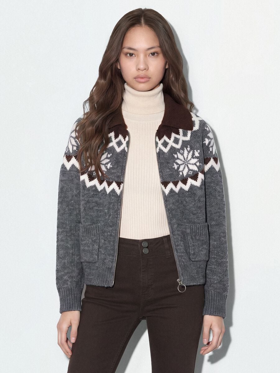 Grey jacquard cardigan with collar and zip, regular fit_0