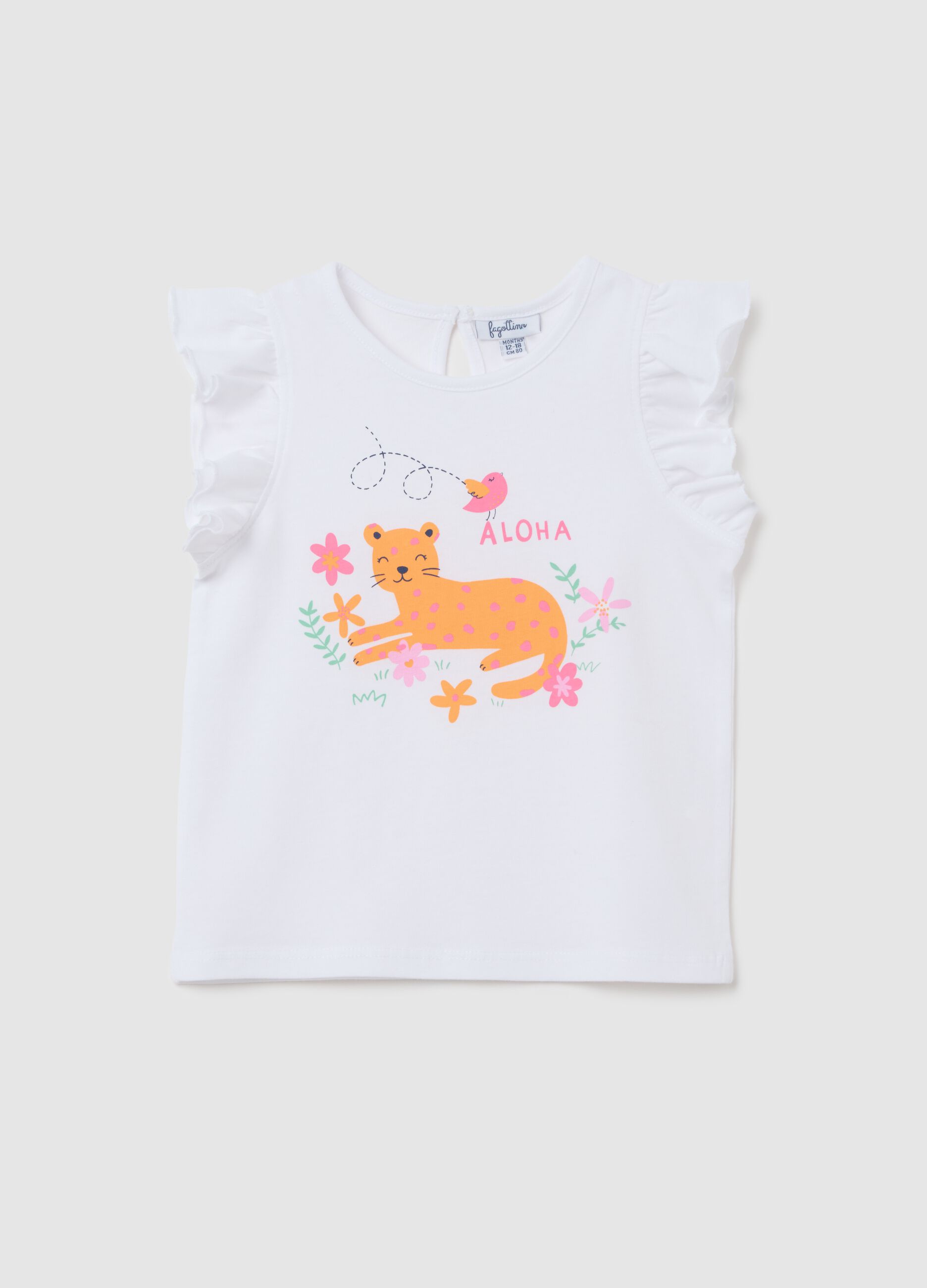 Maglietta da neonata in puro cotone bianca regular fit con volant e stampa