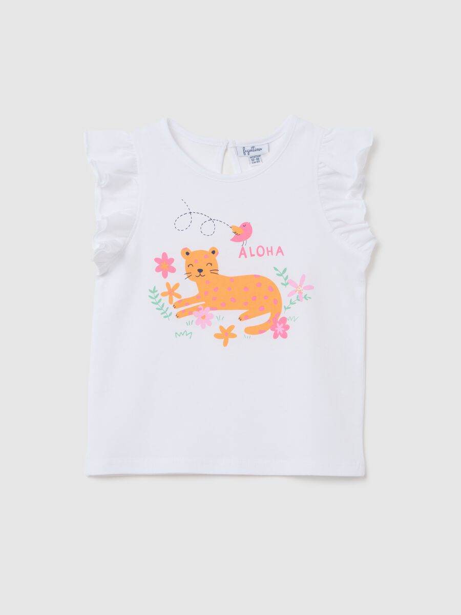 Baby girl's white pure cotton regular fit t-shirt with ruffles and print_0