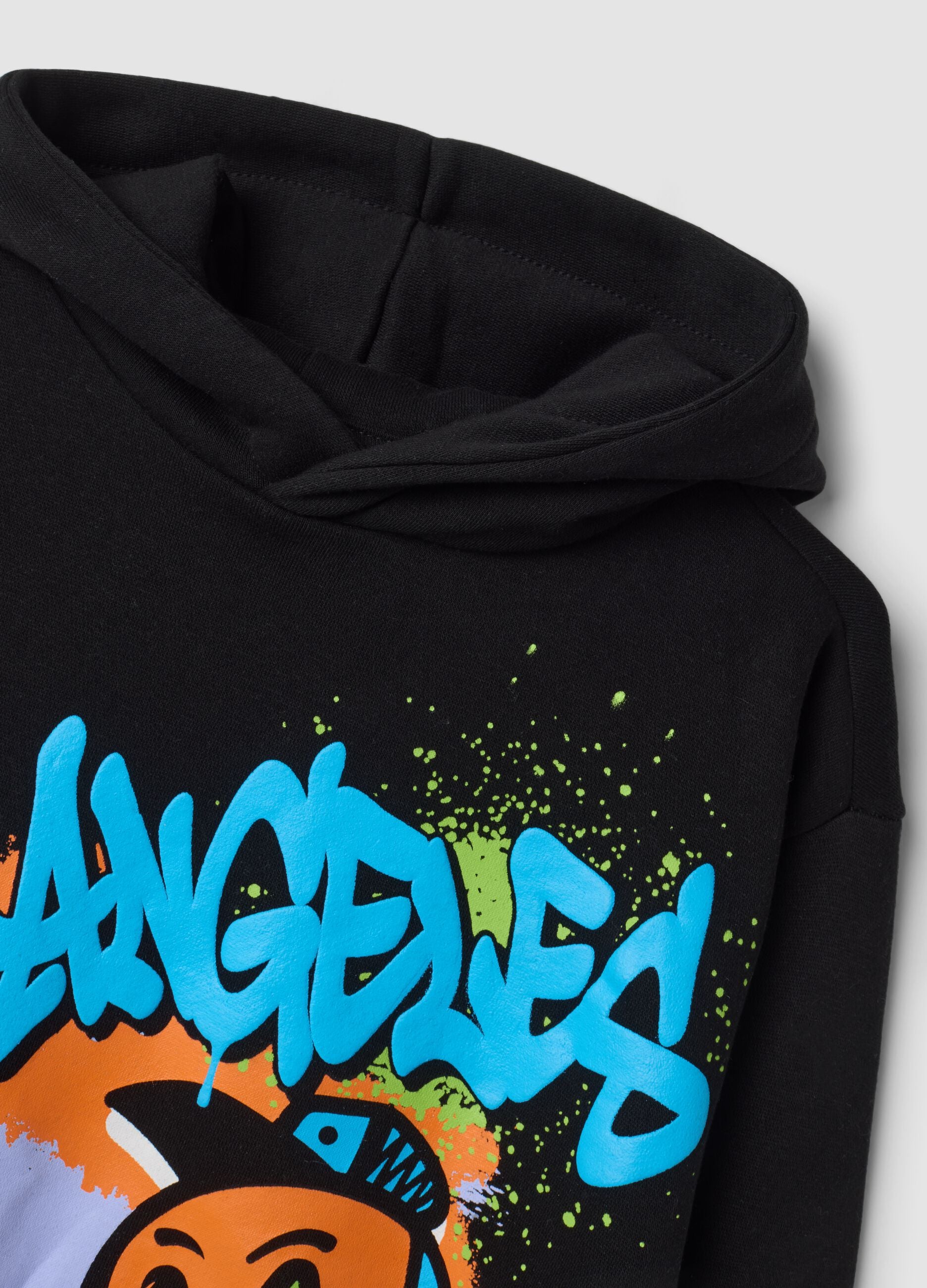 Black cotton-blend hoodie with Los Angeles graffiti print