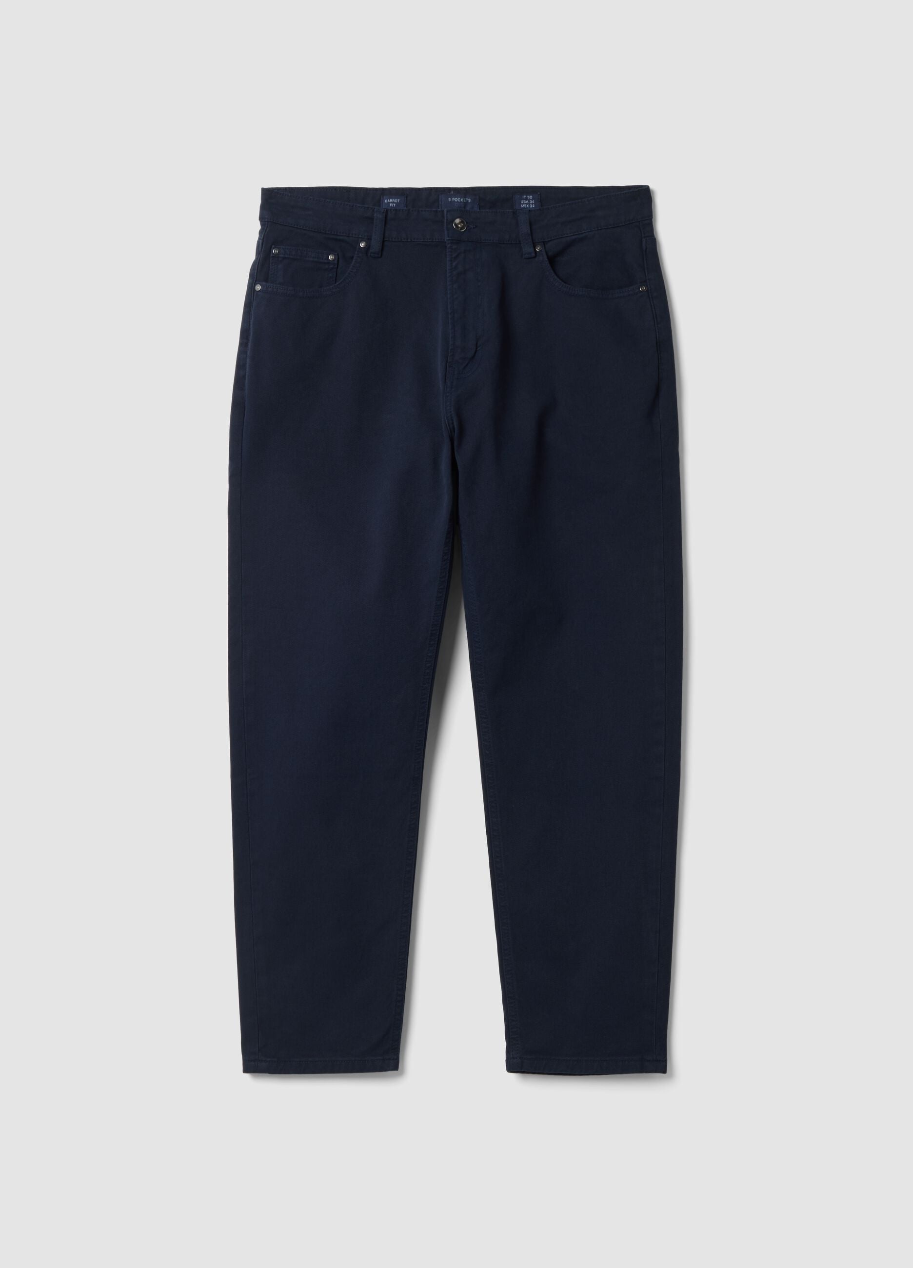 Blue stretch cotton twill carrot-fit trousers