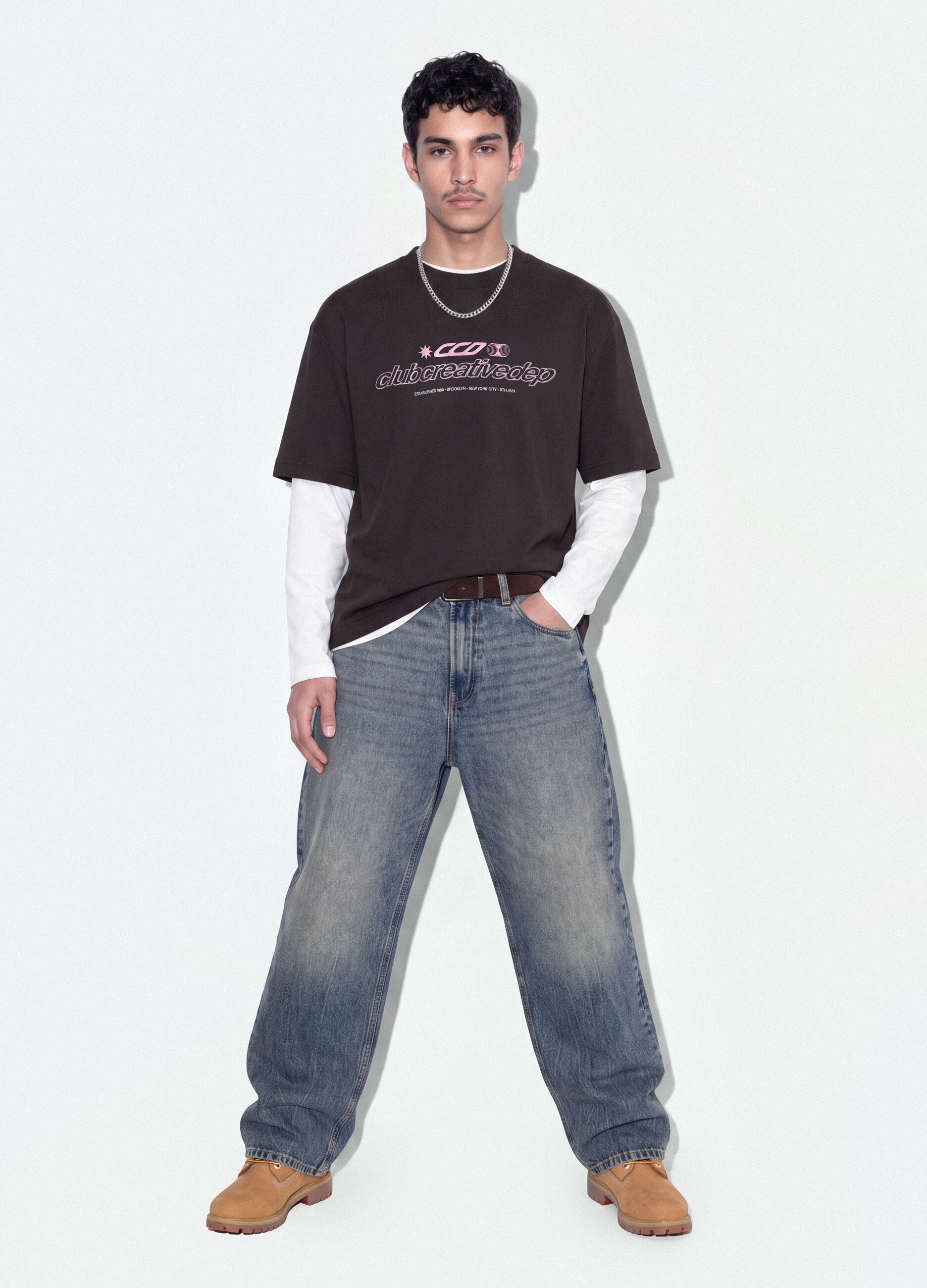 Brown cropped pure cotton T-shirt with front print, boxy fit