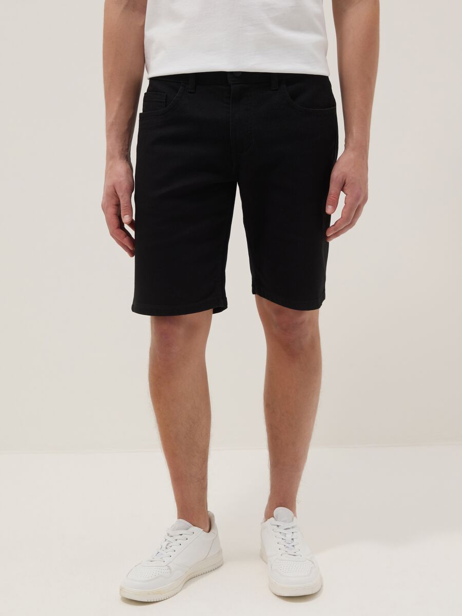 Black slim-fit stretch cotton denim Bermuda shorts_1
