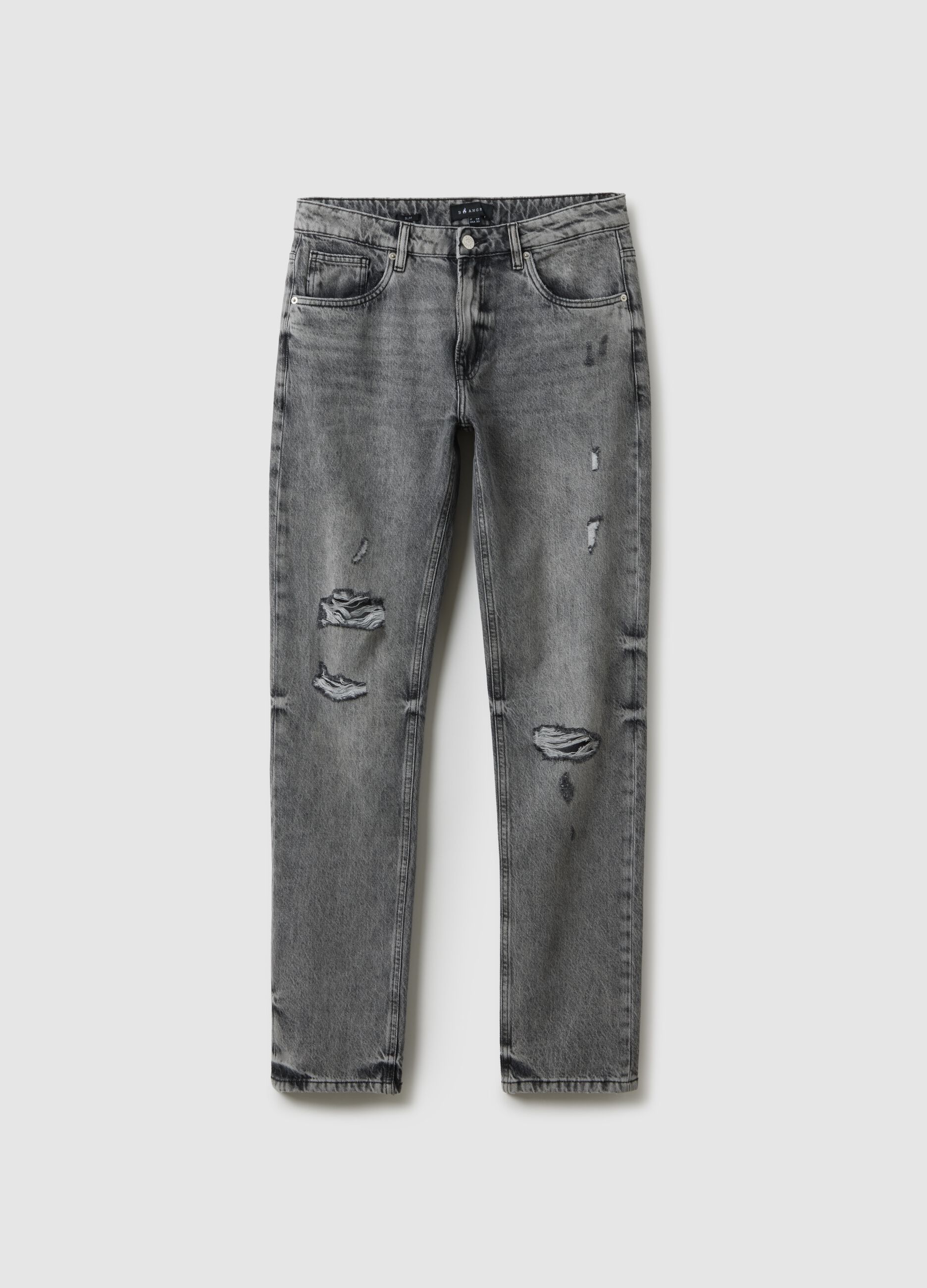 Grey Slim Fit Distressed Pure Cotton Jeans