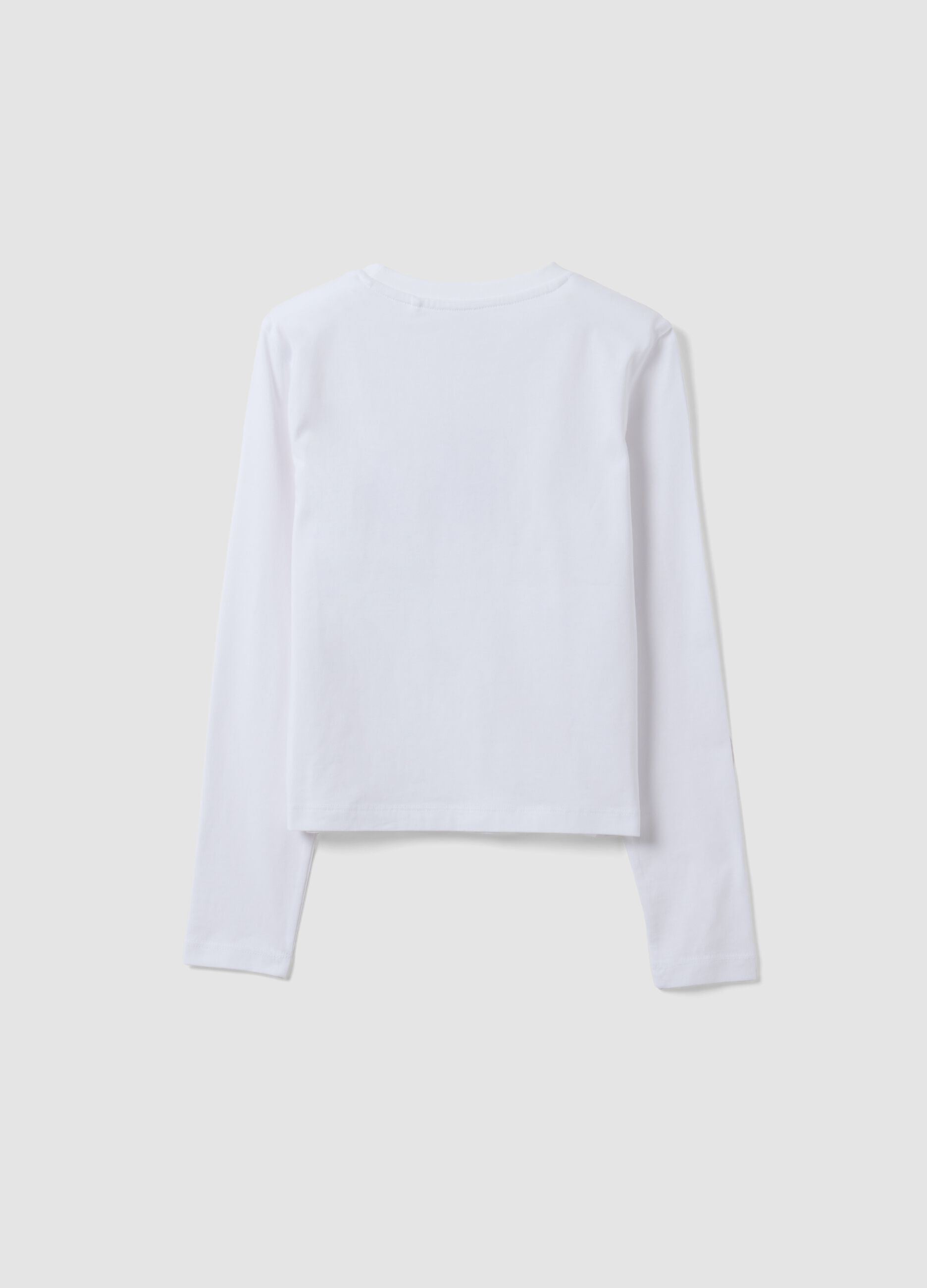 White pure cotton crew-neck T-shirt with teddy bear print for girls
