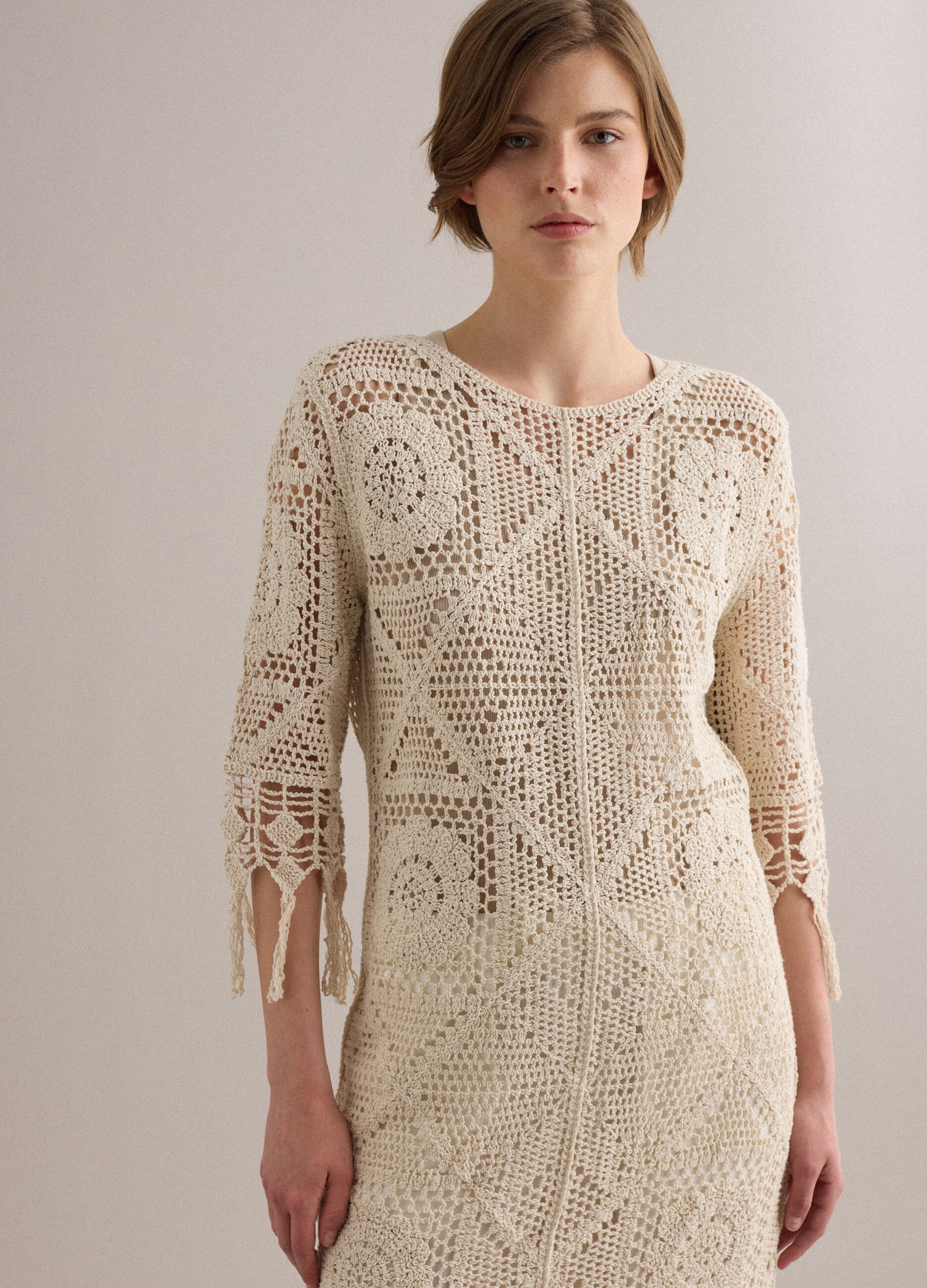 Beige crochet dress in cotton-viscose blend, regular fit