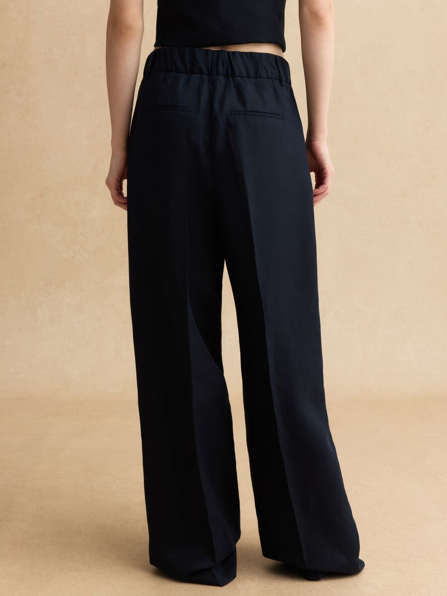 Elegant Blue Lyocell and Linen Wide Leg Trousers_2