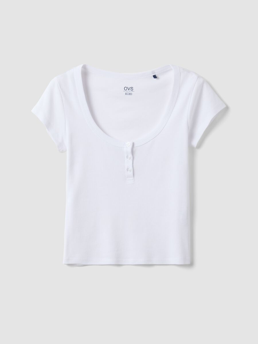 White pure cotton regular fit T-shirt with deep Henley neck_4