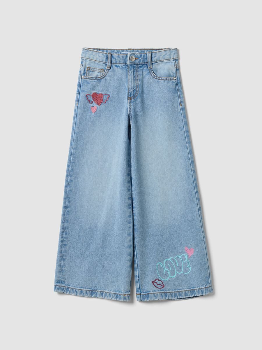 Jeans wide leg denim in puro cotone con ricami per bambina_0