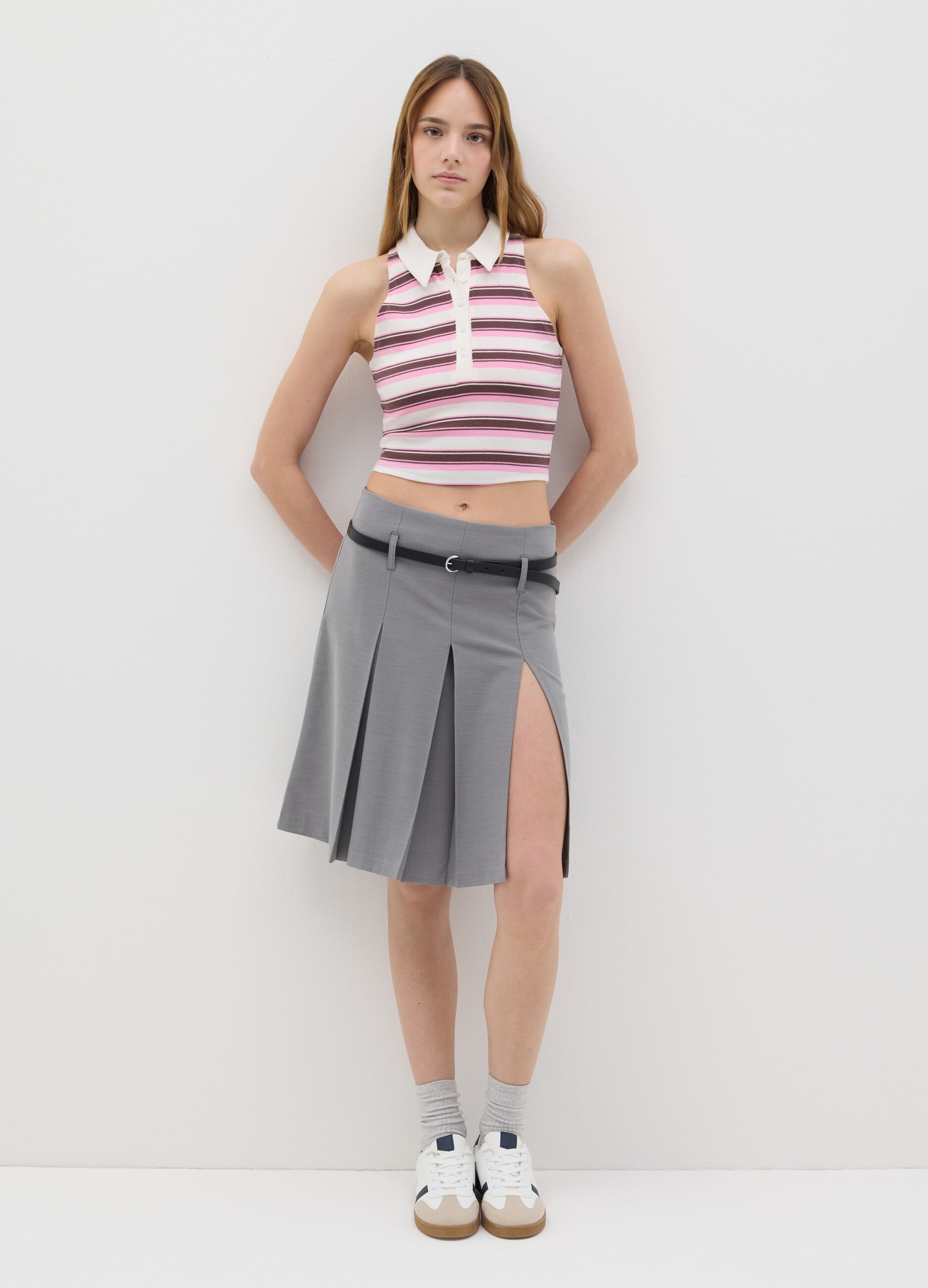 Sleeveless Pink and Brown Striped Polo