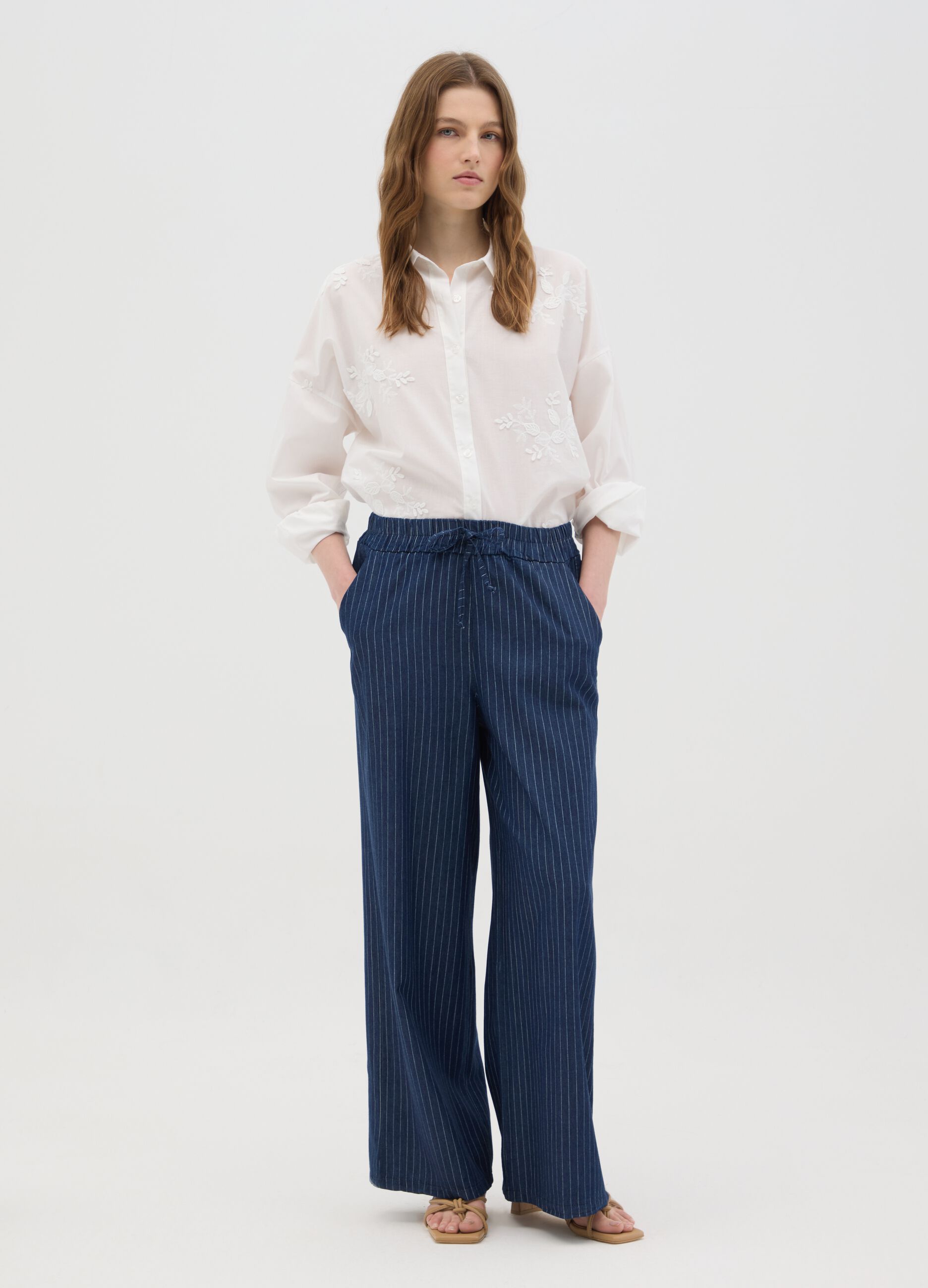 Women's blue pure cotton regular fit trousers