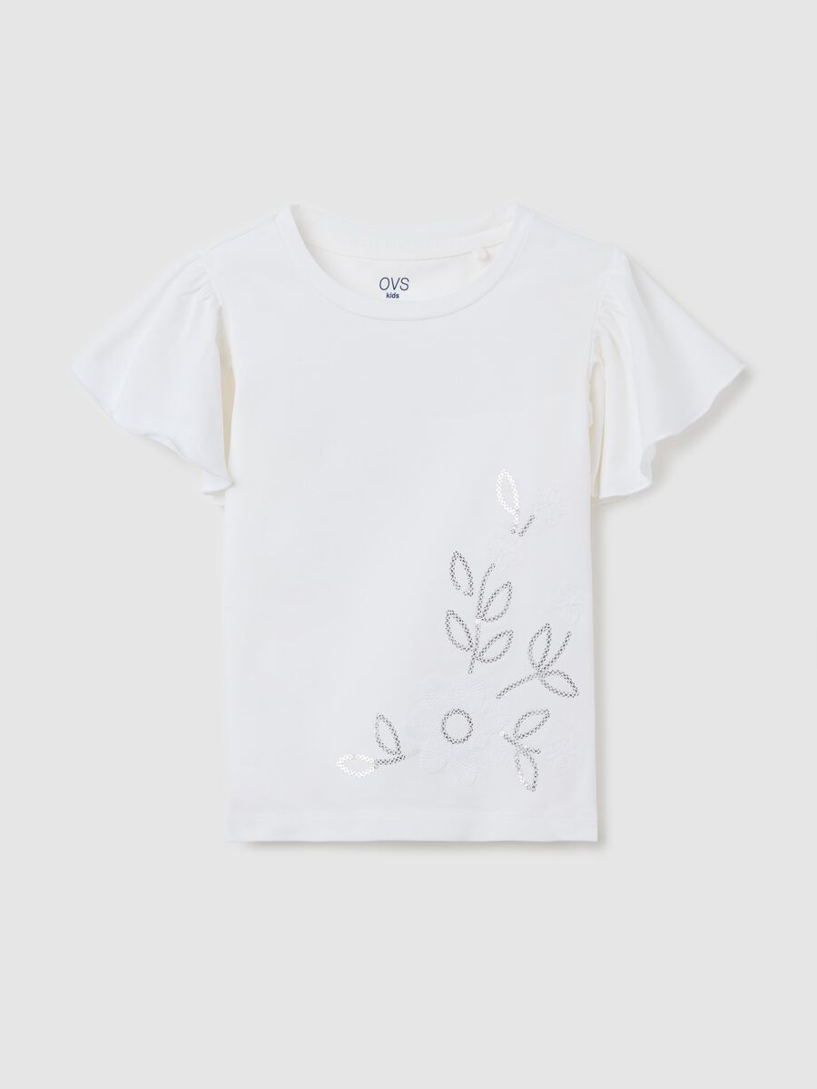 White T-shirt with sequins and flowers embroidery_0