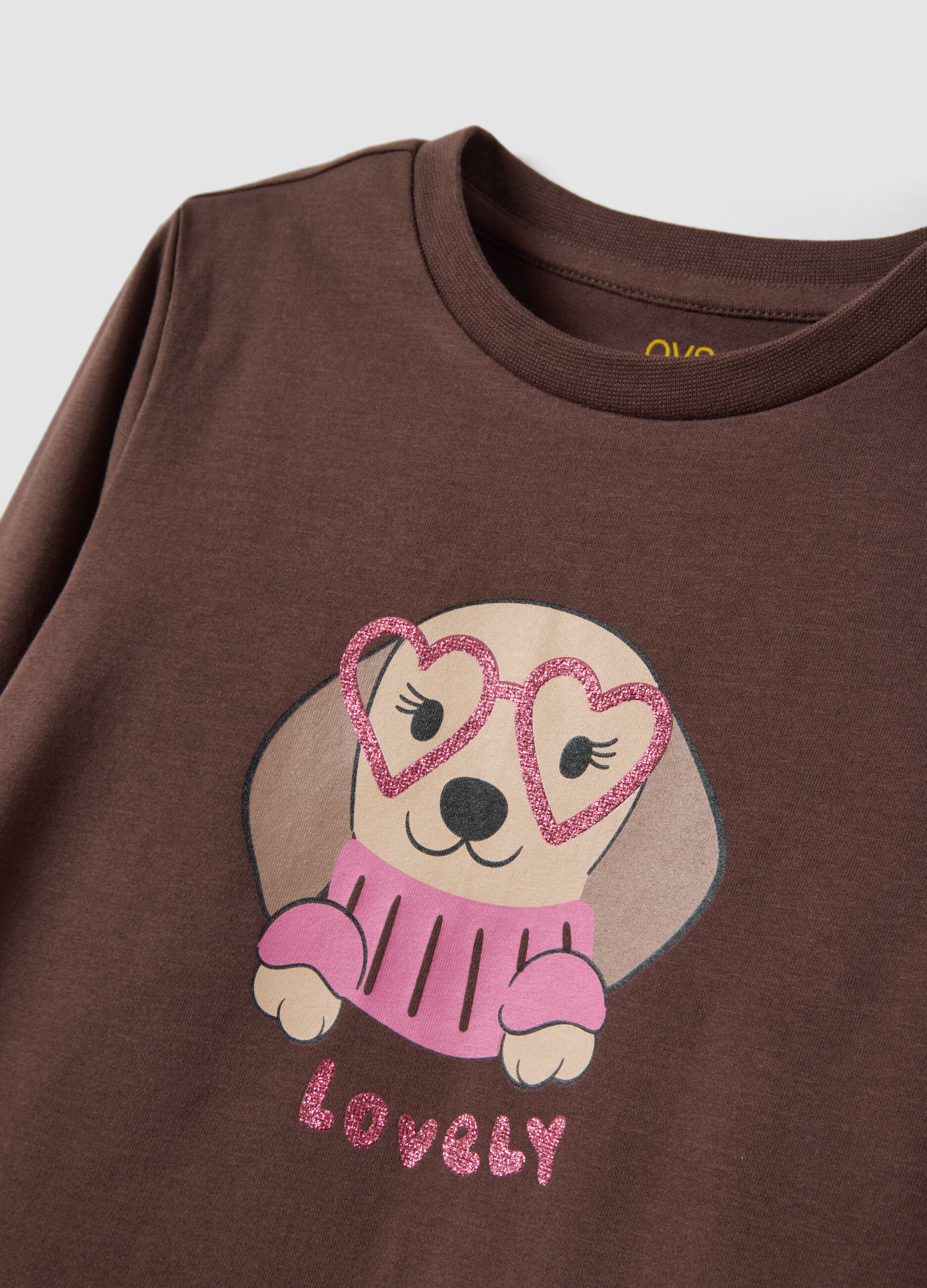 T-shirt marrone in cotone organico elasticizzato girocollo
