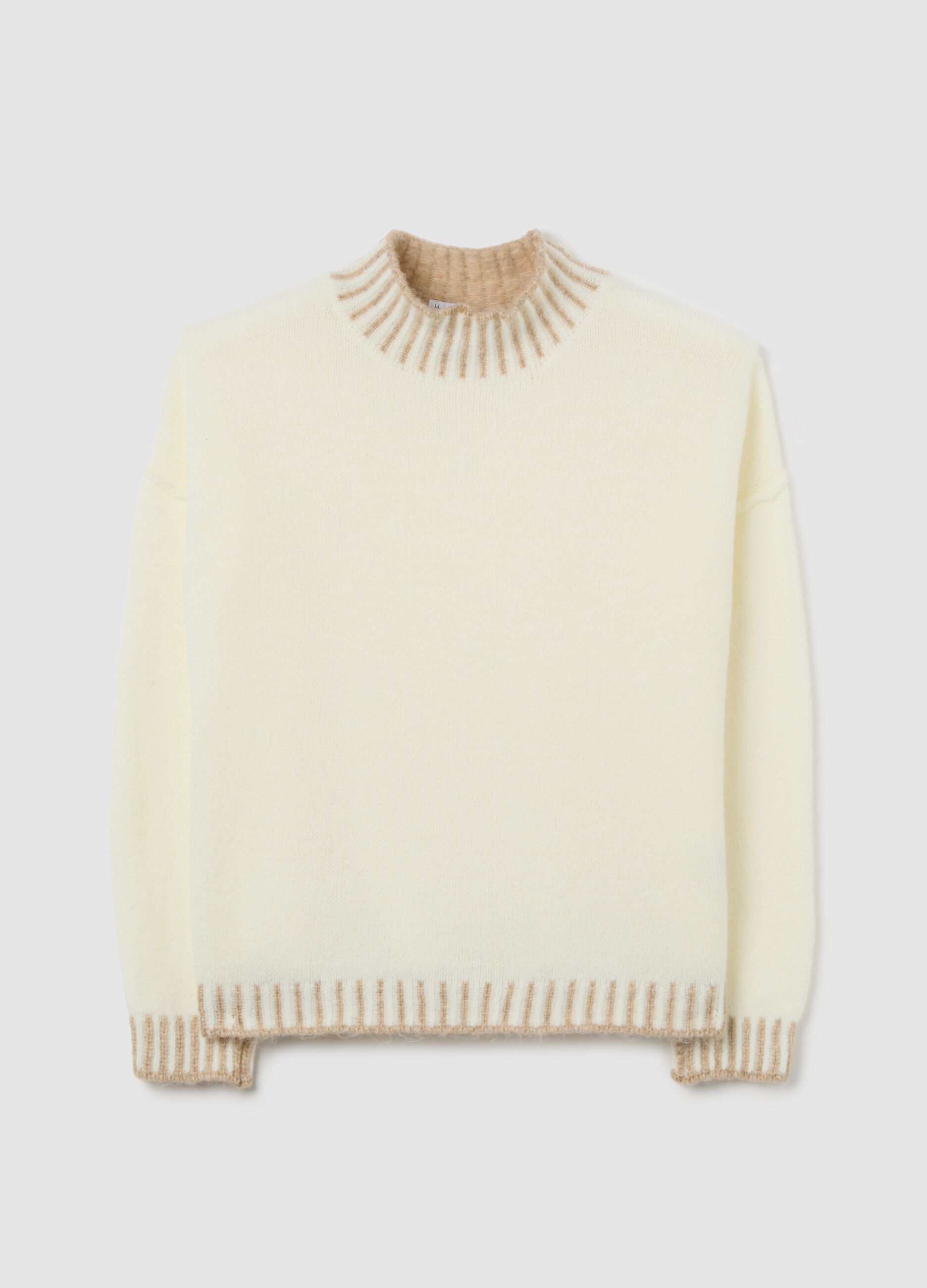 Light beige sweater with high collar and contrasting edges