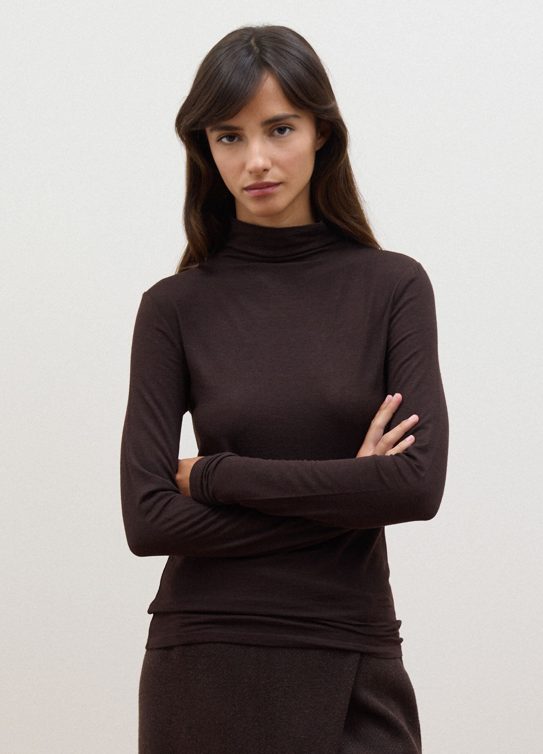 Brown modal and stretch cashmere T-shirt, regular fit