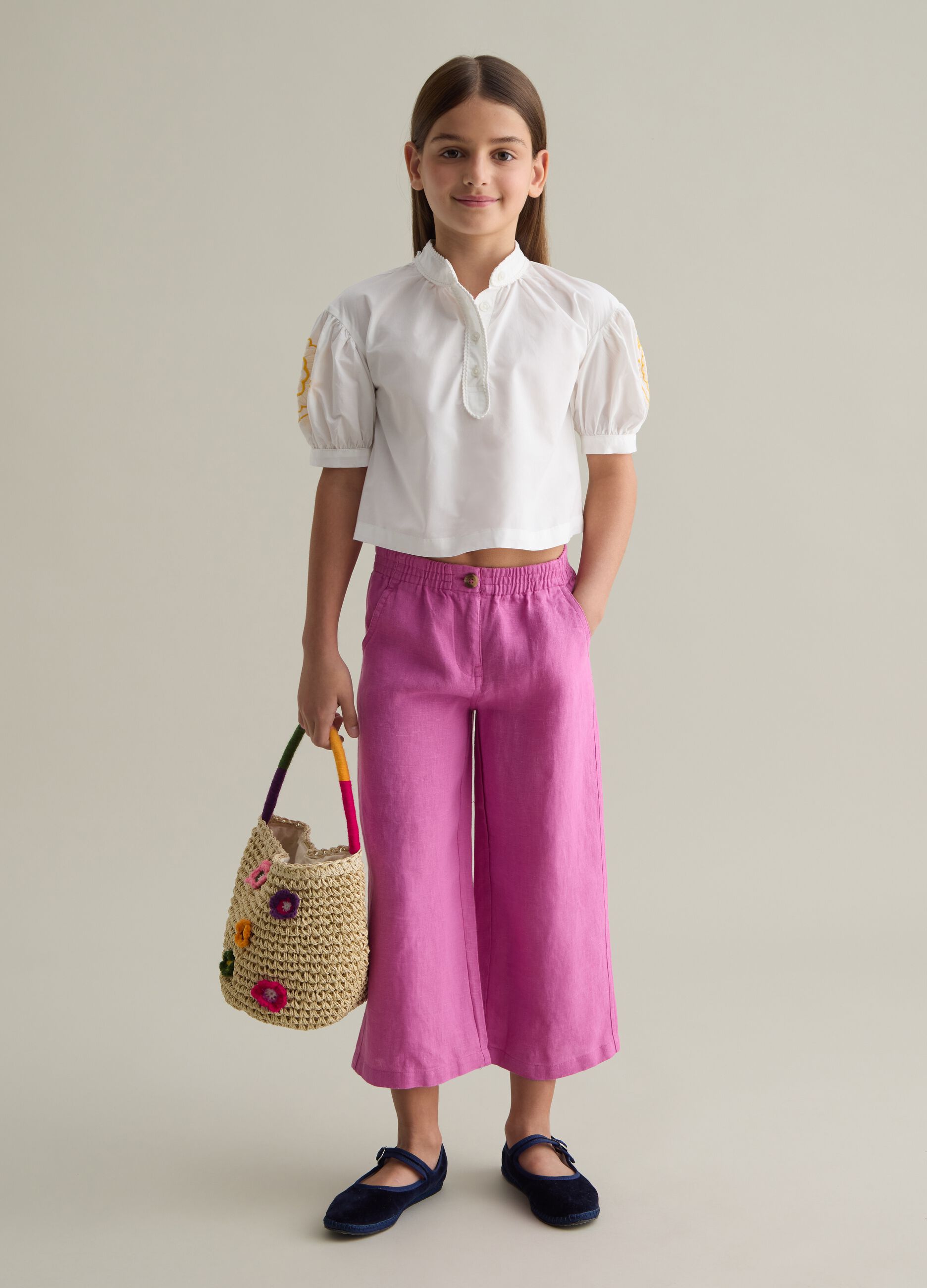 Girls' Pink Linen Wide Leg Trousers