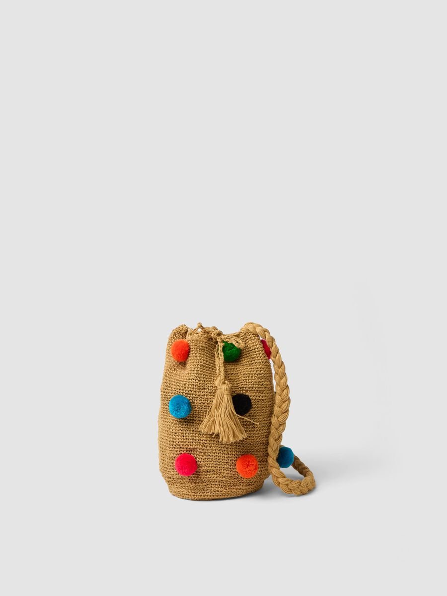 Brown pure jute beach bag with pom‑poms_0