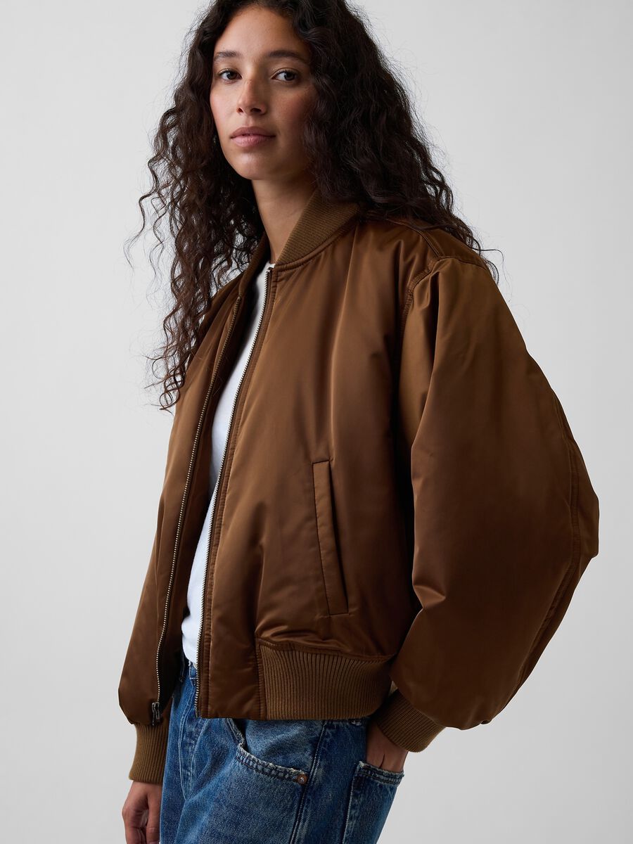 Light brown bomber jacket with zip and ribbed cuffs_0