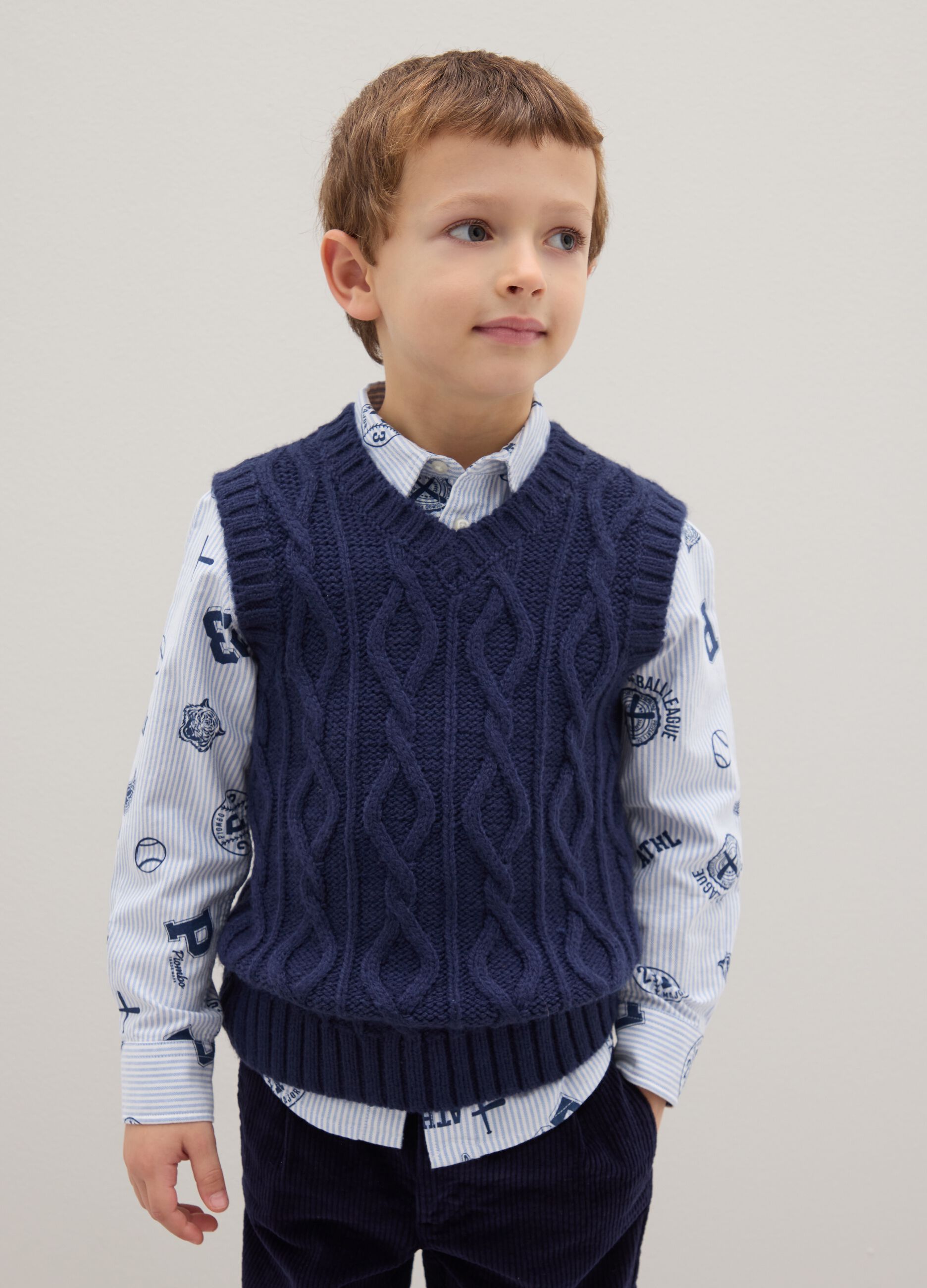 Regular Fit Blue Children's Vest with Knitted Design