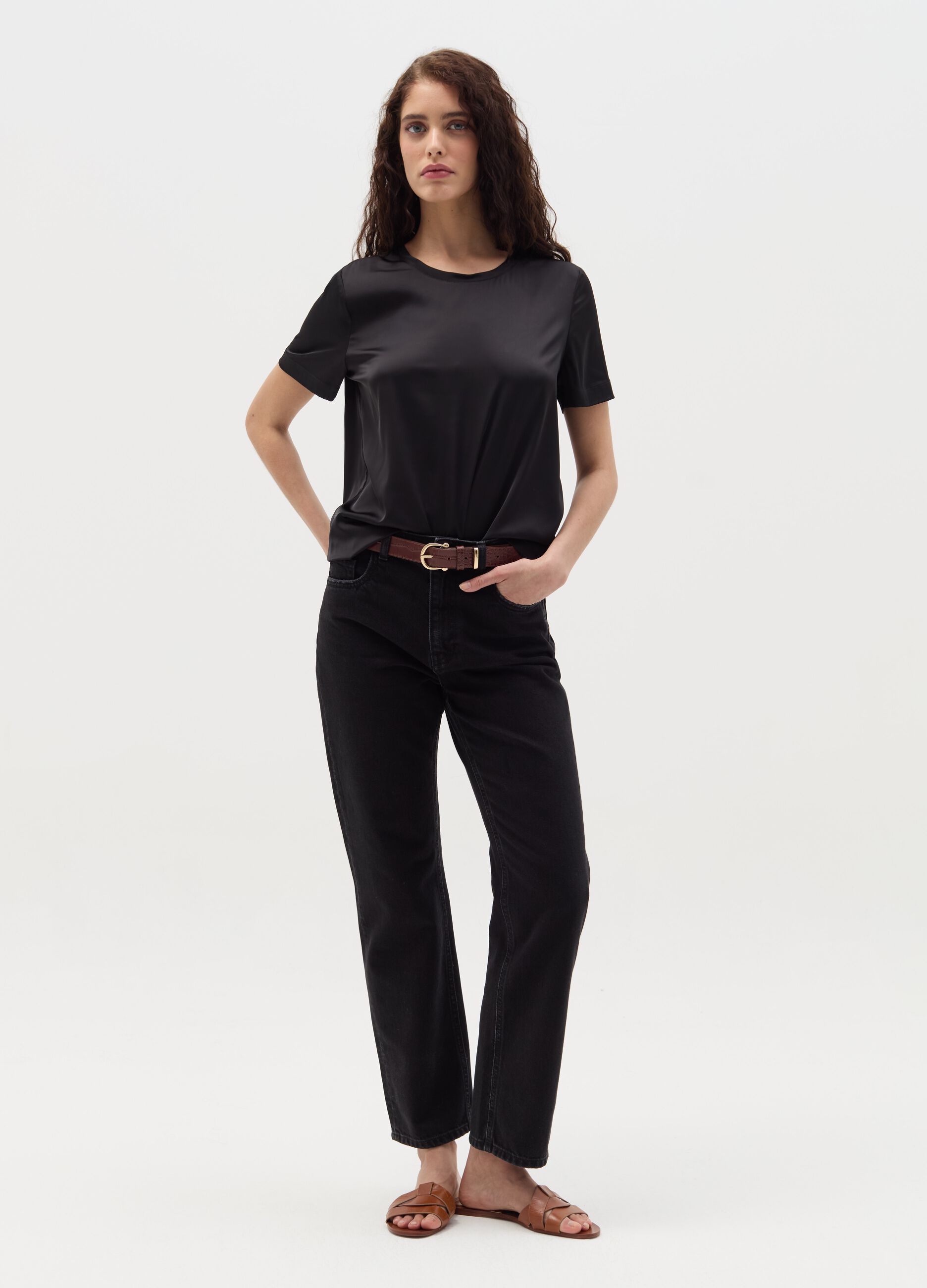Short-sleeved blouse in satin