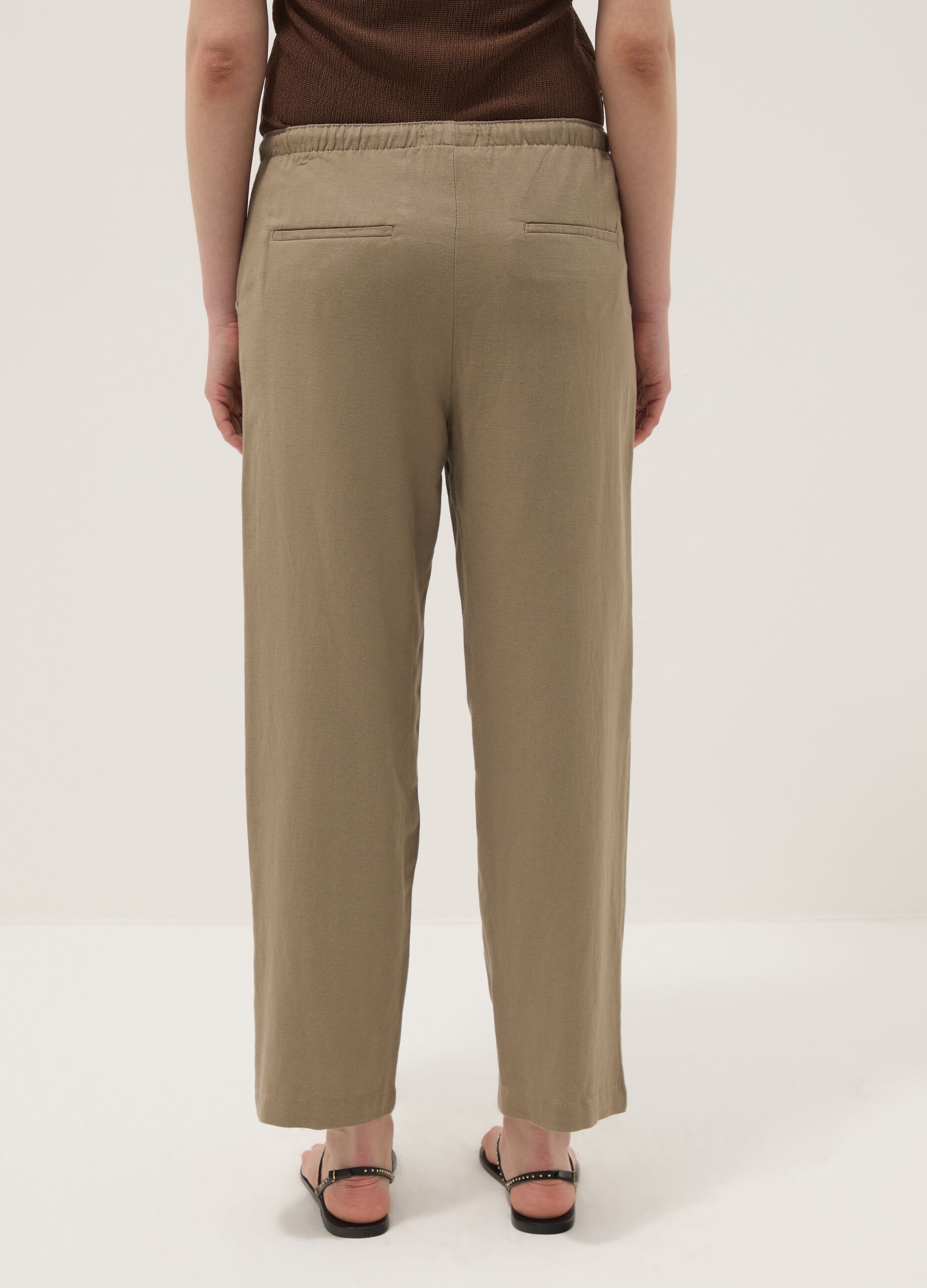 Pantaloni in misto viscosa e lino beige straight fit con coulisse
