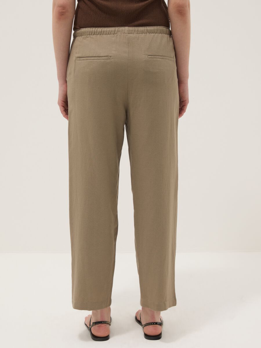 Pantaloni in misto viscosa e lino beige straight fit con coulisse_3