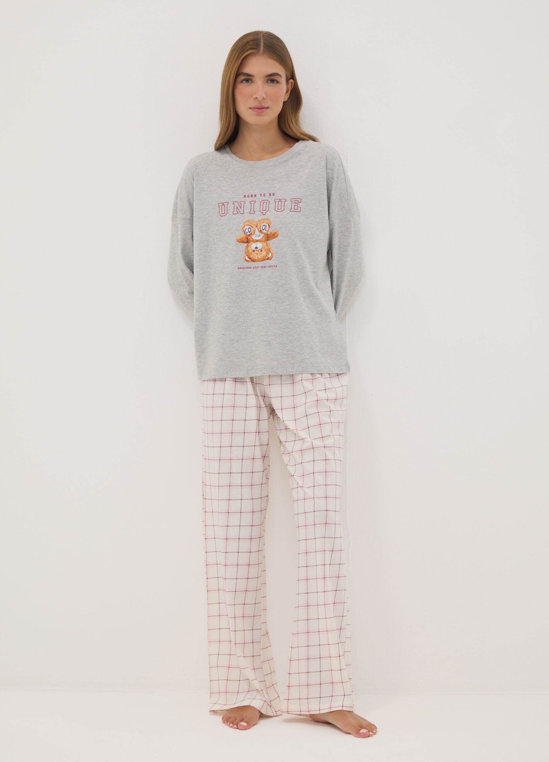 Grey marl organic cotton and viscose blend crew-neck pyjamas