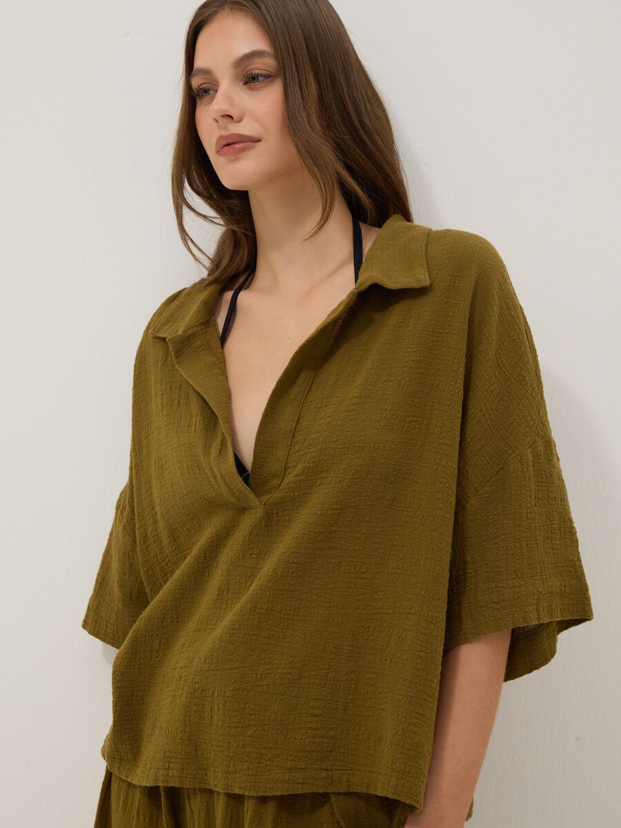Short green pure cotton kaftan with V-neck_3