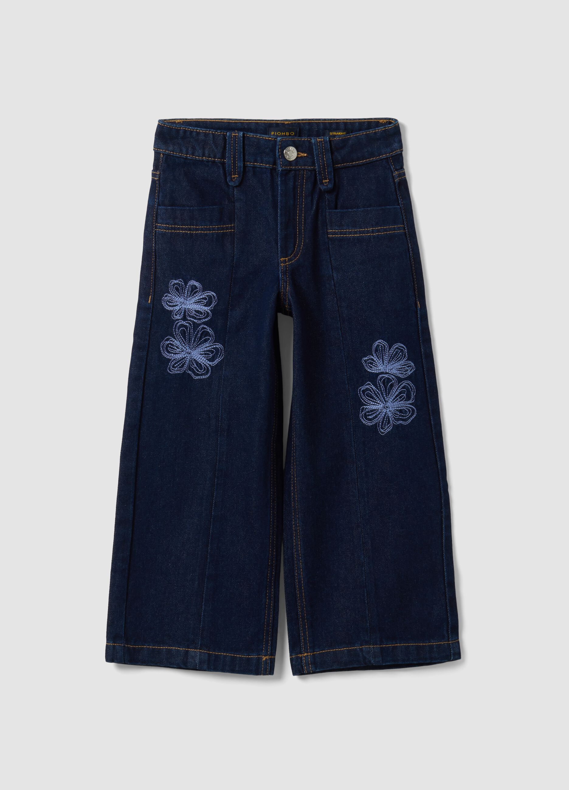 Jeans blu in puro cotone straight fit con ricami fiori per bambina
