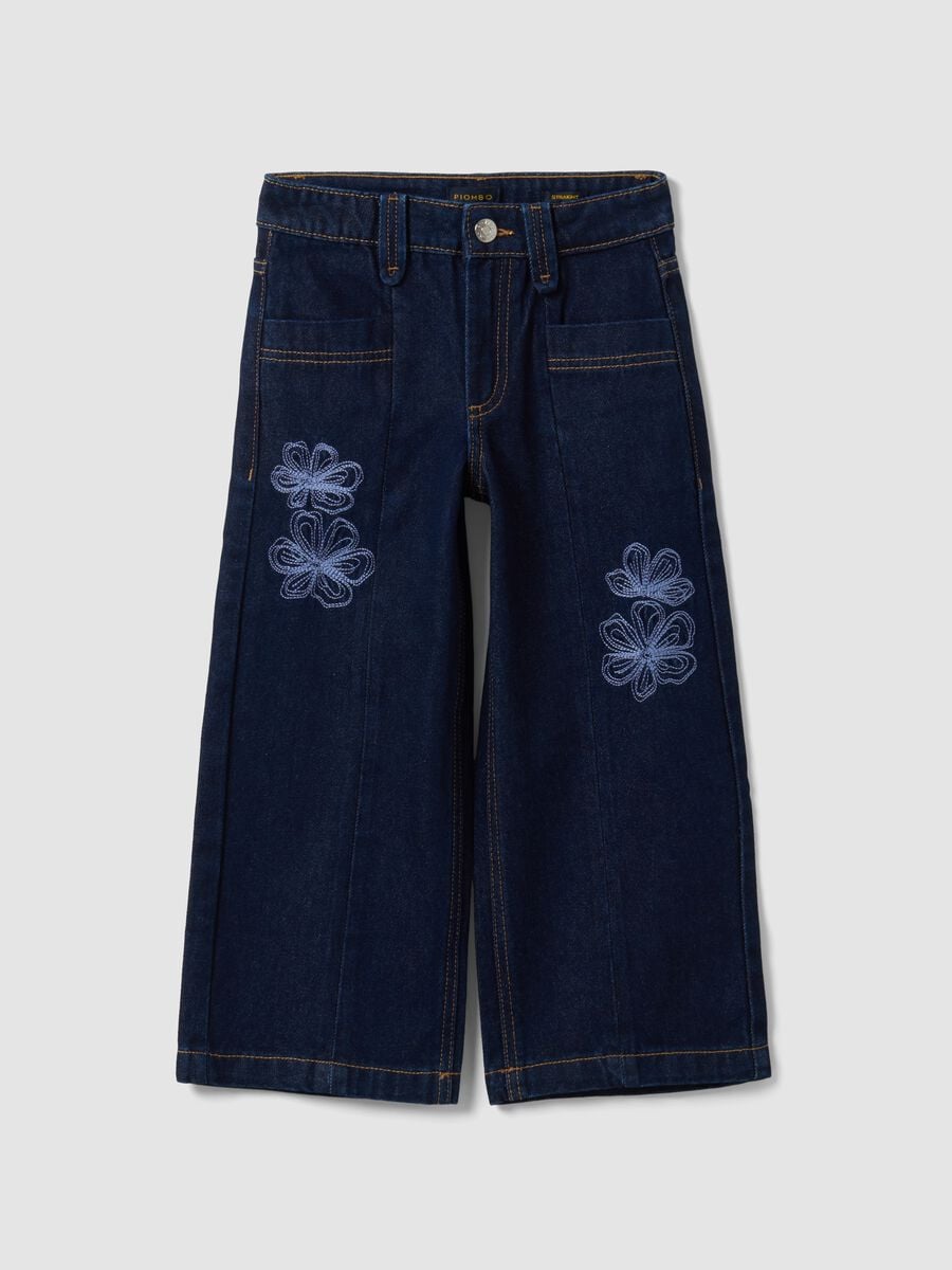 Jeans blu in puro cotone straight fit con ricami fiori per bambina_0