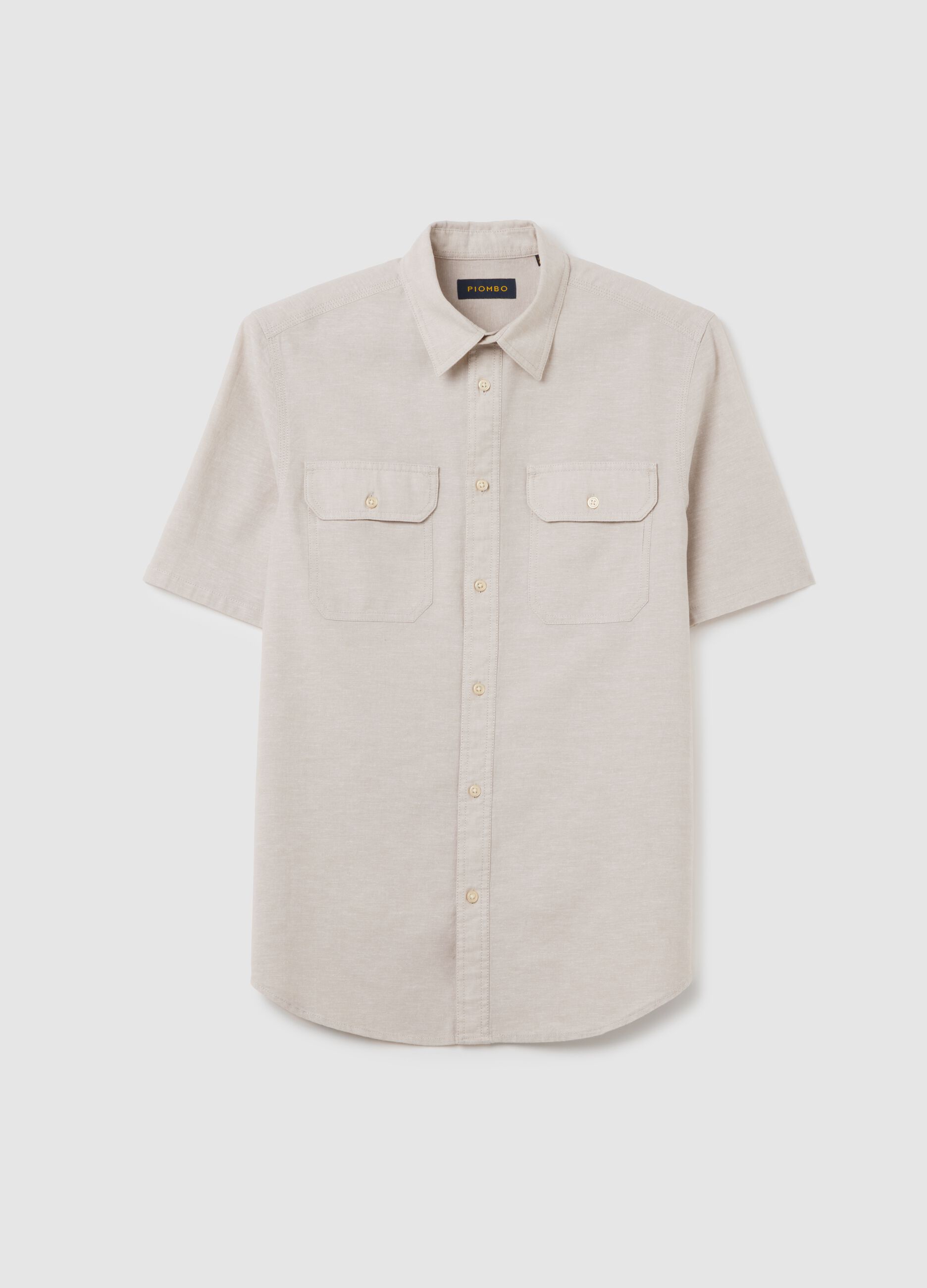 Camicia da uomo in misto cotone e lino beige regular fit con tasche