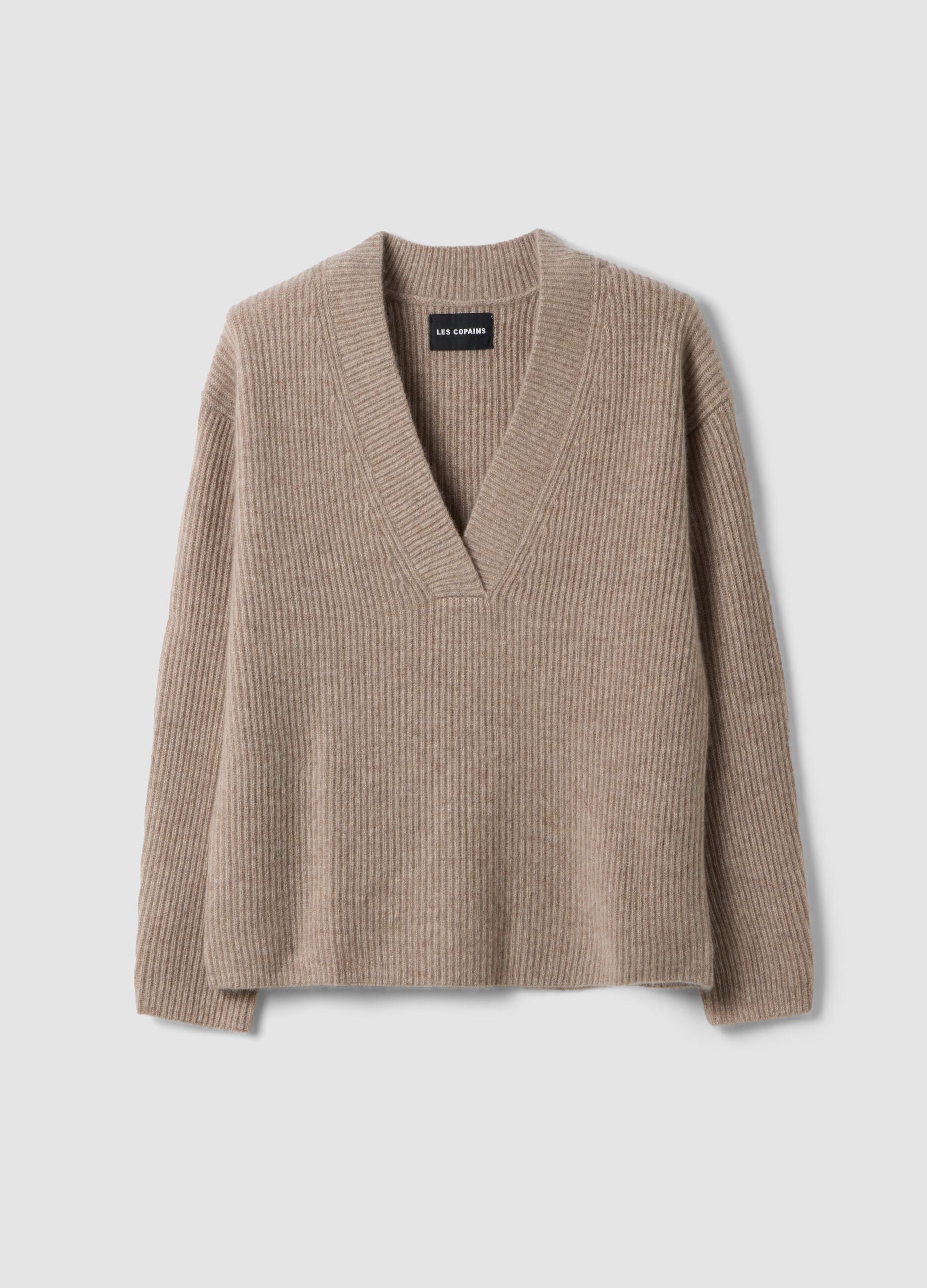 Beige marl pure cashmere deep V-neck oversized jumper