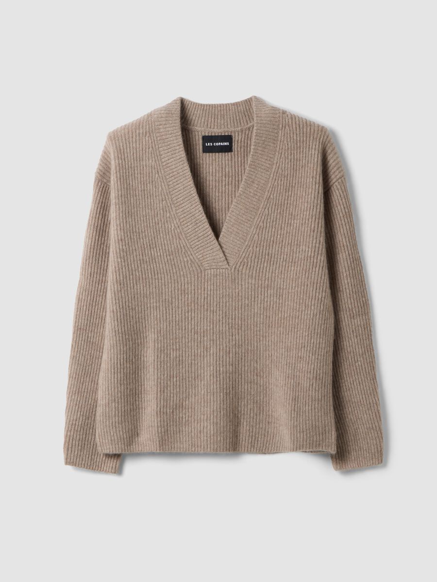 Beige marl pure cashmere deep V-neck oversized jumper_0