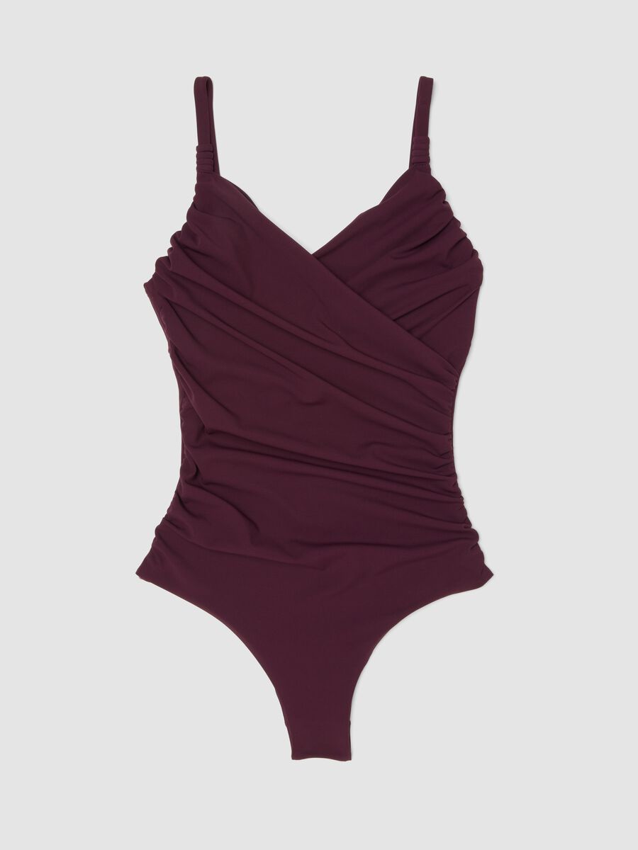 Costume intero viola in tessuto elasticizzato drappeggiato con effetto shaping_4