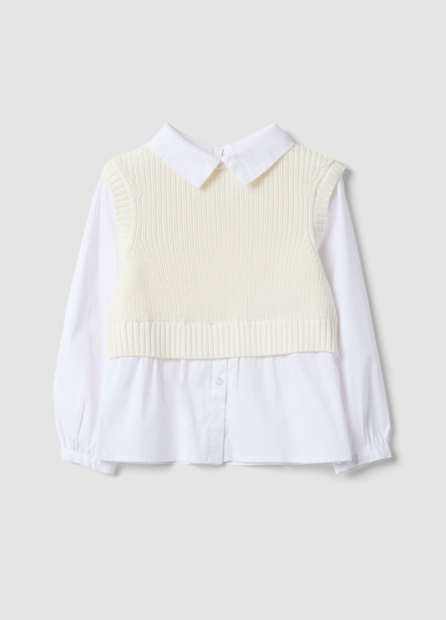 Maglia bianca in misto cotone con camicia over fit per bambina